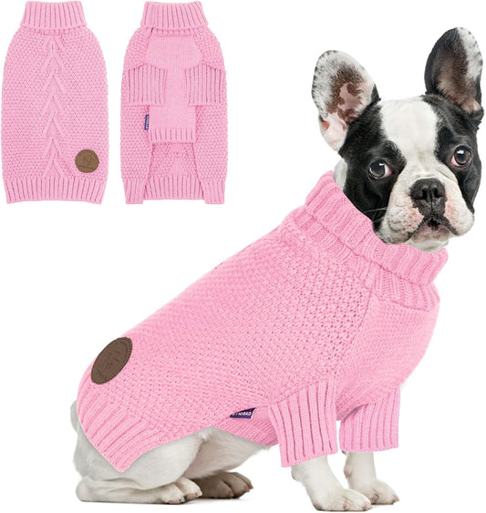 cyeollo Dog Sweater Warm Turtleneck Knitwear Pullover Sweaters with Leash Hole Soft Winter Dog Clothes Sweaters for Dogs,Pink, L