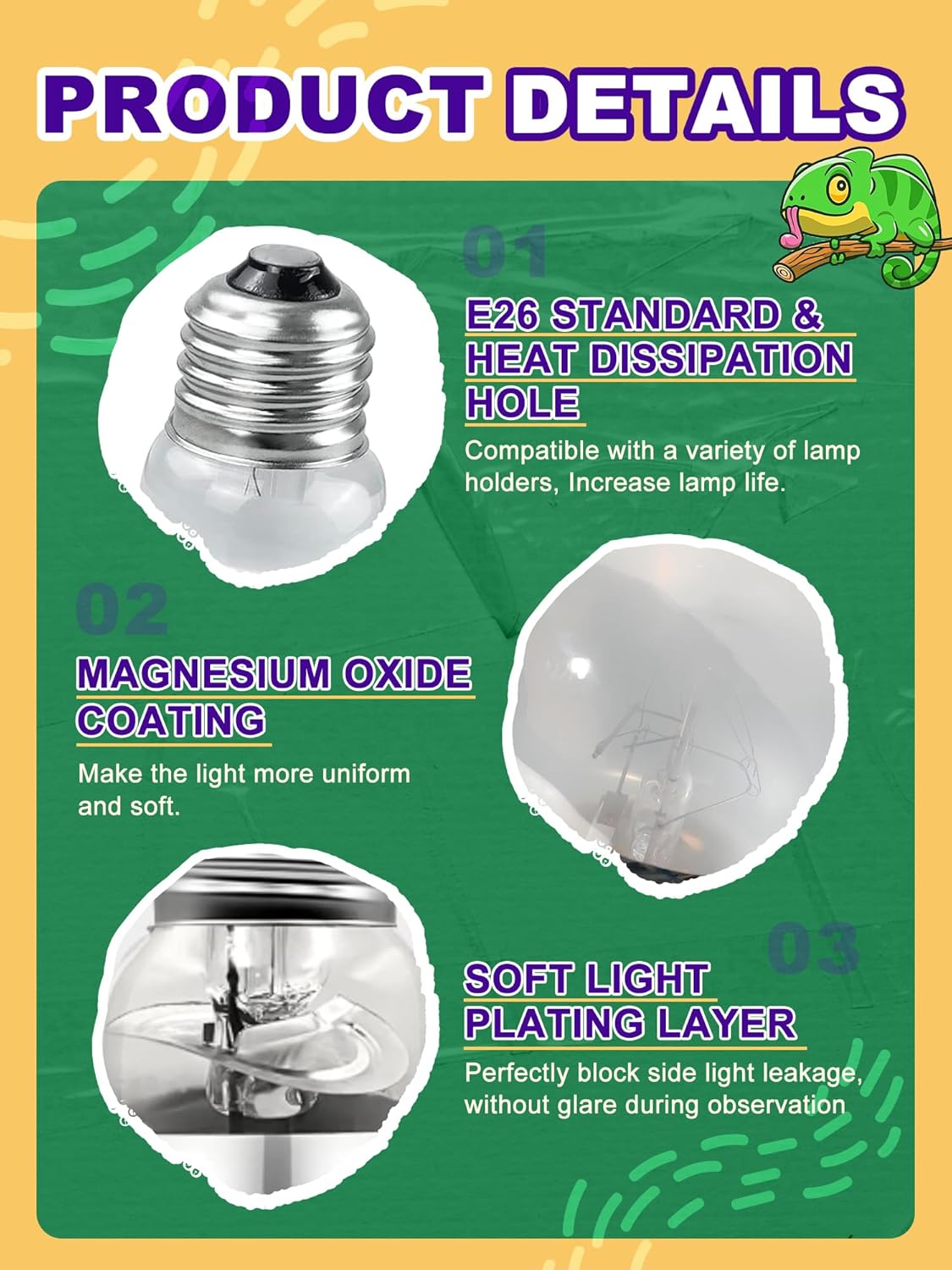 Heat Lamp Bulb, 125 Watt Pack of 2 Full Spectrum UVA UVB Reptile Heat Bulb, Basking Spot Light, Simulate Natural Sun Light for Reptile and Amphibian, Pack of 2