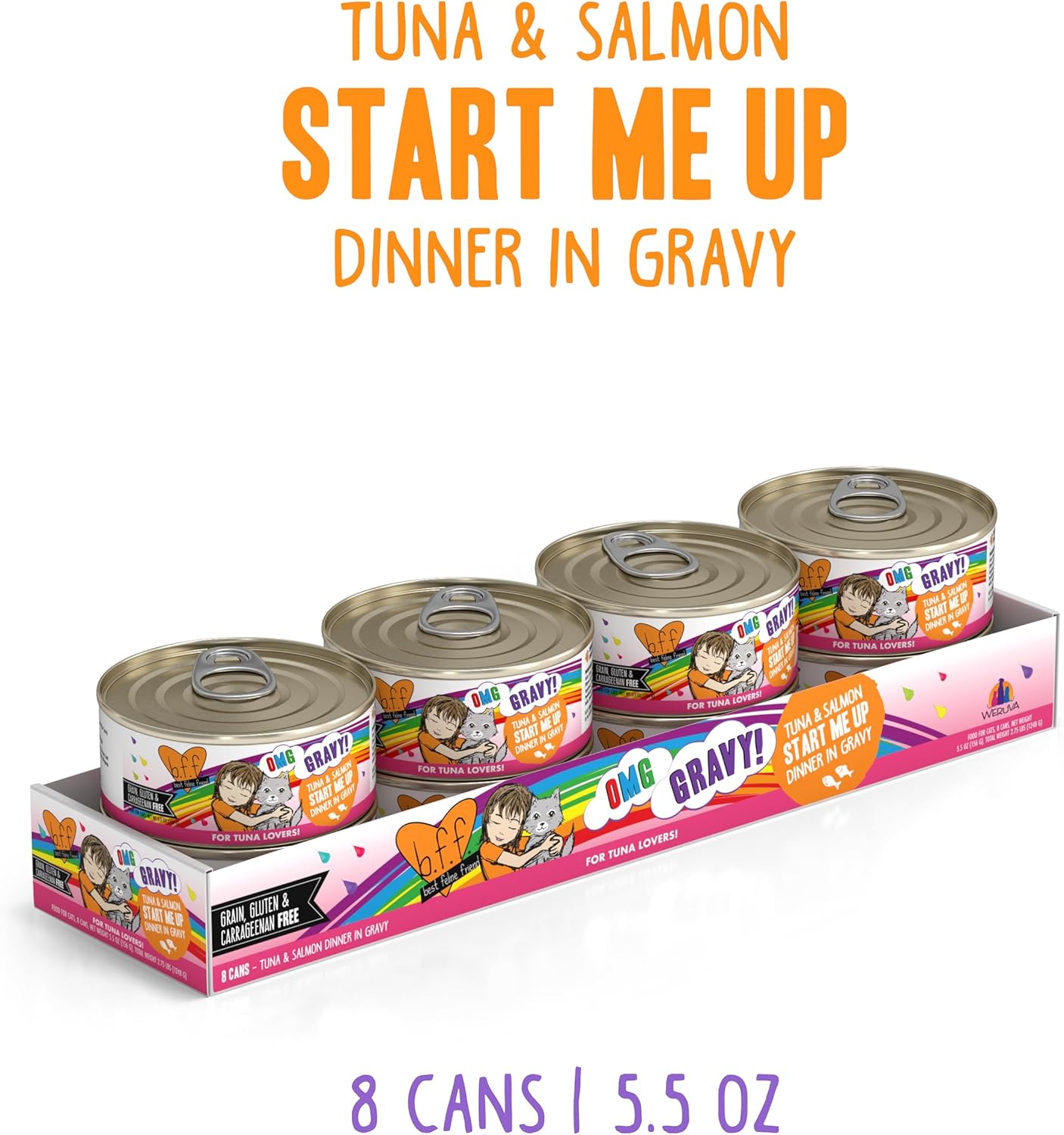Weruva B.F.F. OMG - Best Feline Friend Oh My Gravy!, Tuna & Salmon Start Me Up with Tuna & Salmon, 5.5oz Can (Pack of 8)