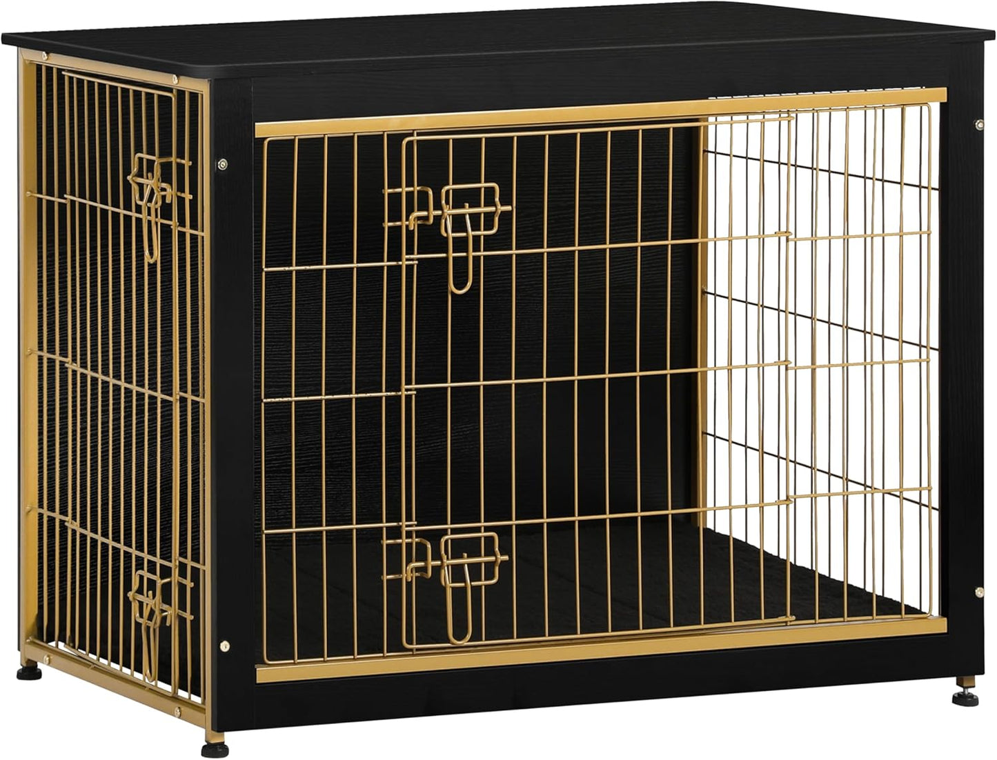 DWANTON Dog Crate Furniture with Cushion, Wooden Kennel Table with Double Doors, Indoor Dog House, Large Size, 38.5" L, Black+Gold