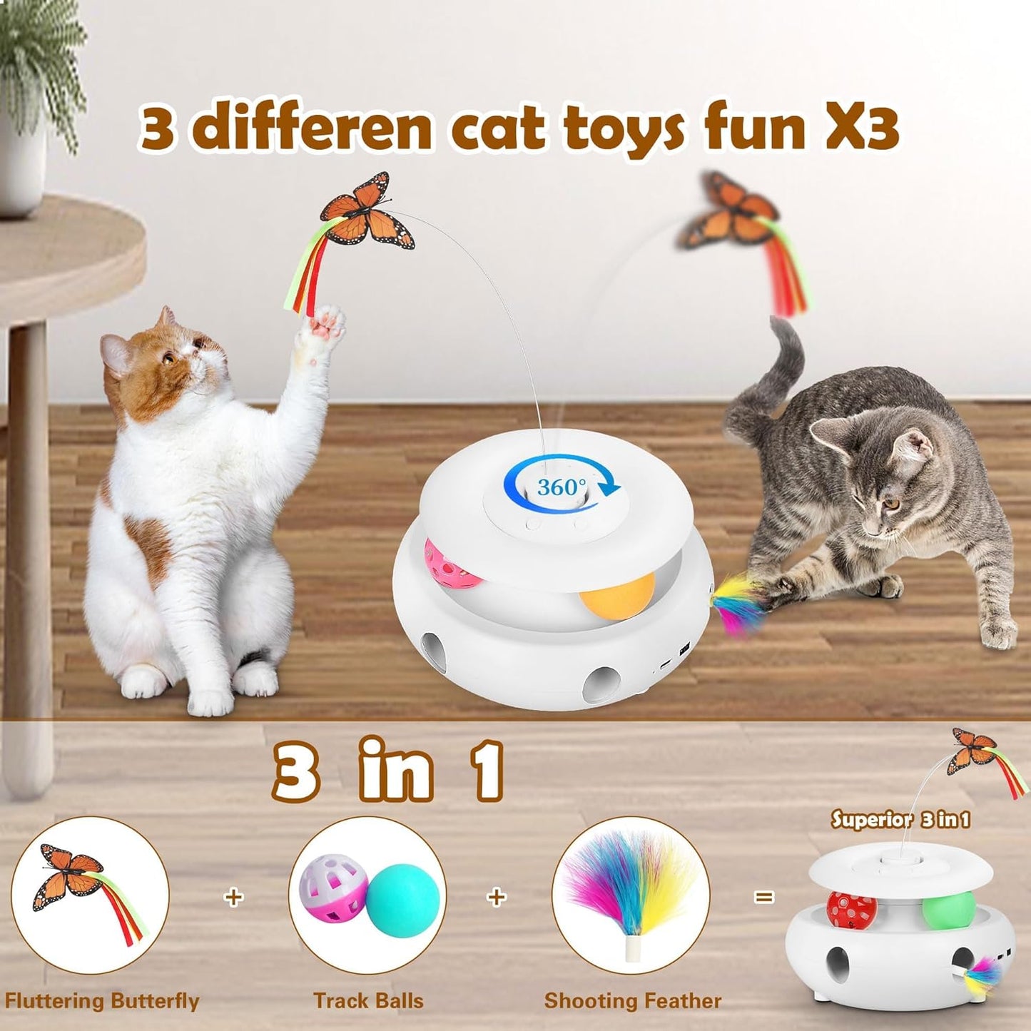Cat Toys,3-in-1 Interactive Cat Toys for Indoor Cats,Rechargeable Automatic Interactive Cat Toy with Fluttering Butterfly,Smart Sensor 6 Holes Mice Whack-A-Mole and Track Balls, White