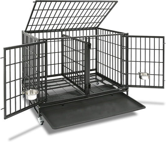 Homey Pet 43/48/37 inch Stackable Heavy Duty Dog Crate Cage on Wheels with Divider, 2X Steel Bowls, 4X Lockable Wheels, Tray, Indestructible Escape Proof Lager Dog Kennel Indoor