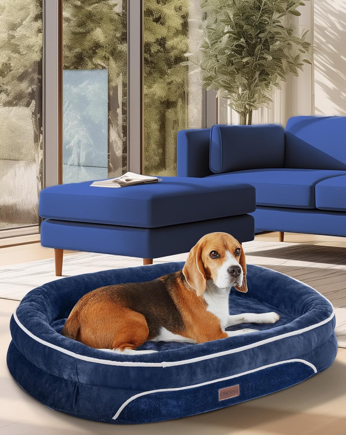 OhGeni Orthopedic Dog Couch Pet Sofa Large Sized Cat Beds with Comfort Foam Support, Soft Comfortable Fabric, Machine Washable Waterproof Removable Cover, 35-Inch (Dark Blue)