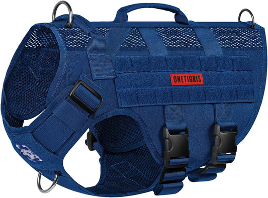 OneTigris No Pull Tactical Dog Harness for Small Medium Dogs, Mesh Design Service Dog Vest Breathable Military Dogs Molle Vests with Handles, Harness for Walking Hiking Training (Blue, M)
