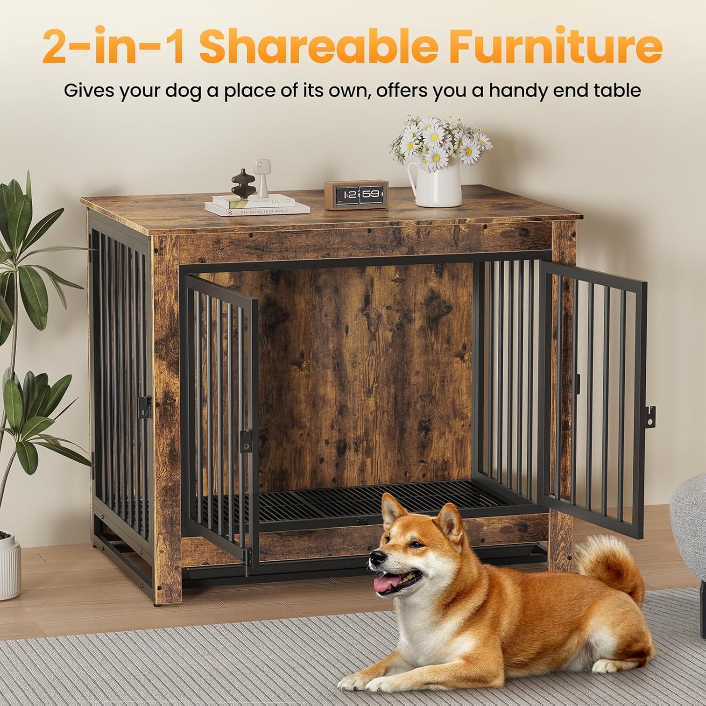 Dog Crate Furniture, Dog Crate End Table for Medium and Large Dogs,Wooden Cage Kennel Furniture Indoor, Modern Dog Crate with Multi-Purpose Removable Tray, Double-Doors Dog Furniture