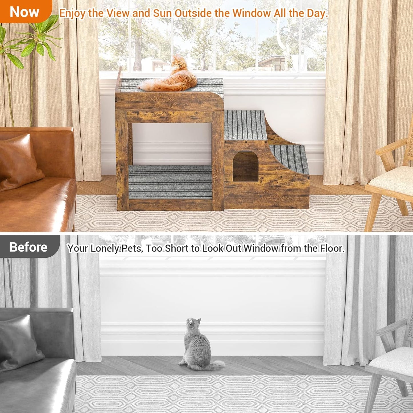 Pet Window Perch with Stairs, Super Large Pet Bunk Bed for Cats, Multi-Level Pet Seat Platform with Mats, Pet Bed Couch with Drawers for Bedside, Home, Indoor Use, Large Size, R