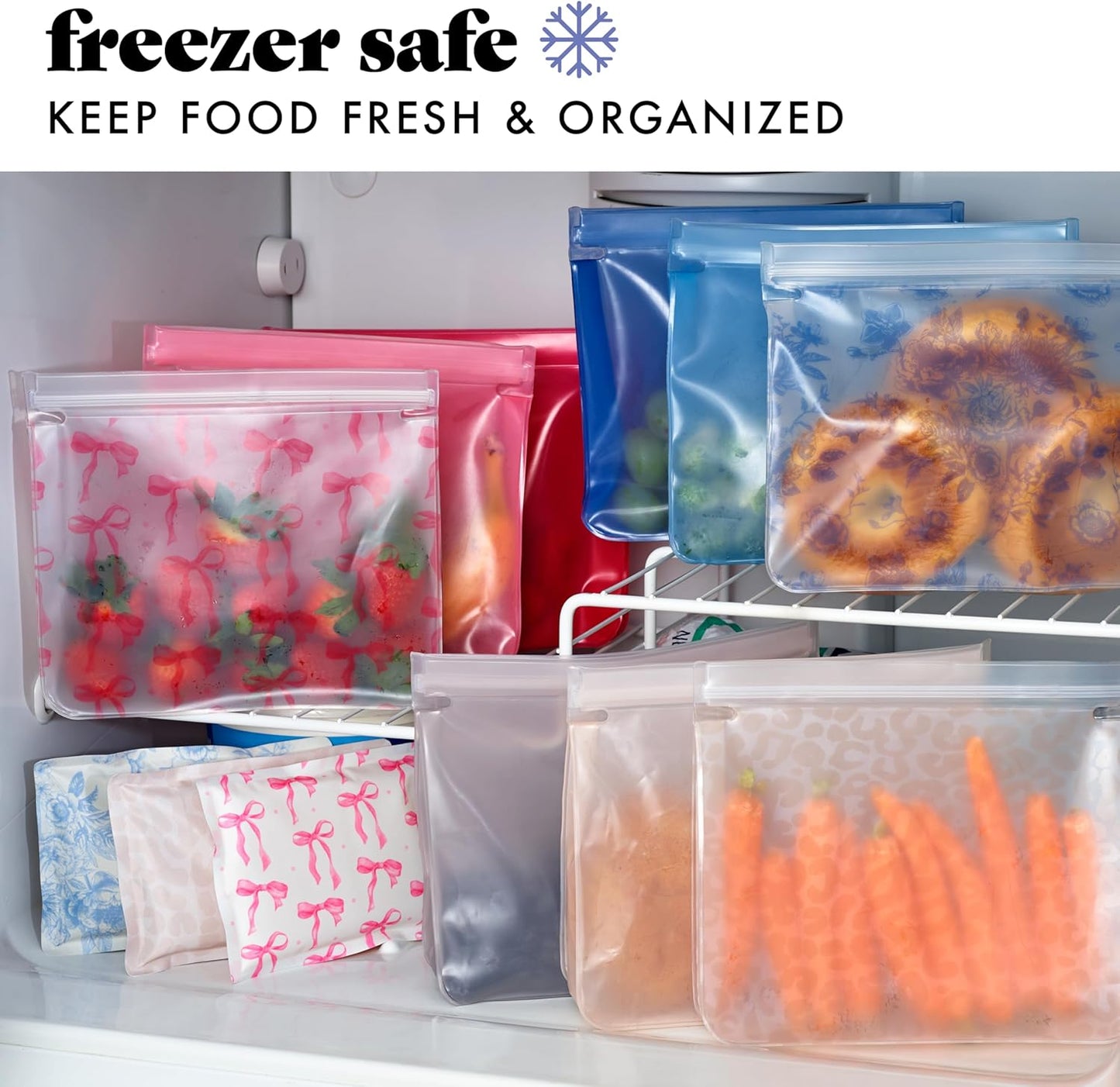 Fit & Fresh Reusable PEVA Storage Bags 3 Pack, Reusable Food Storage Bags, LeakProof, Durable, Freezer Safe, Hand Wash, Easy to Clean, Eco-Friendly, Ivory Feline Fine