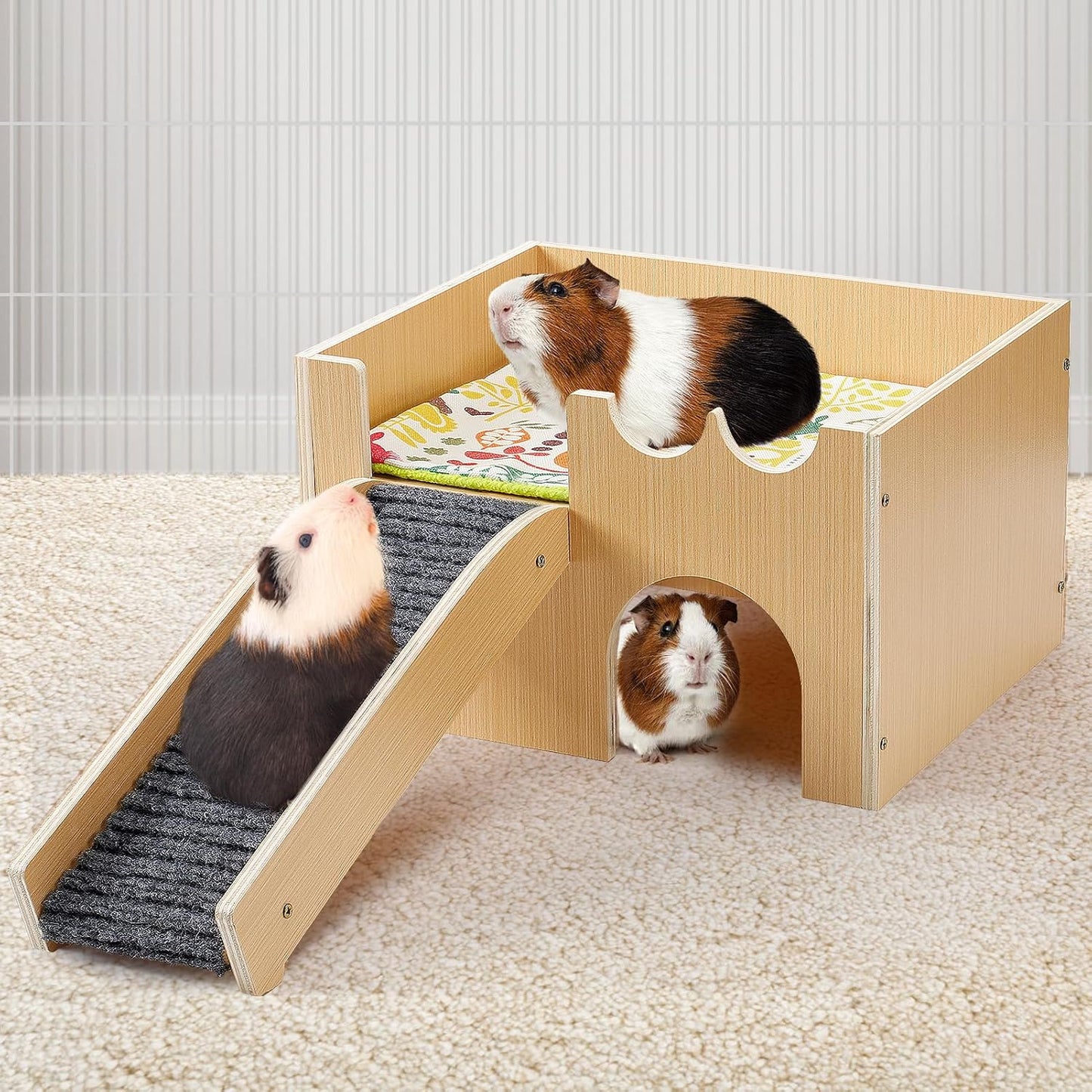 Upgraded Guinea Pig Castle, Sturdy Wooden Guinea Pig Hideout, Small Animal House Bed Hut Habitats with Stairs, Easy to Assemble for Hamsters Bunny Chinchillas Playing Hiding