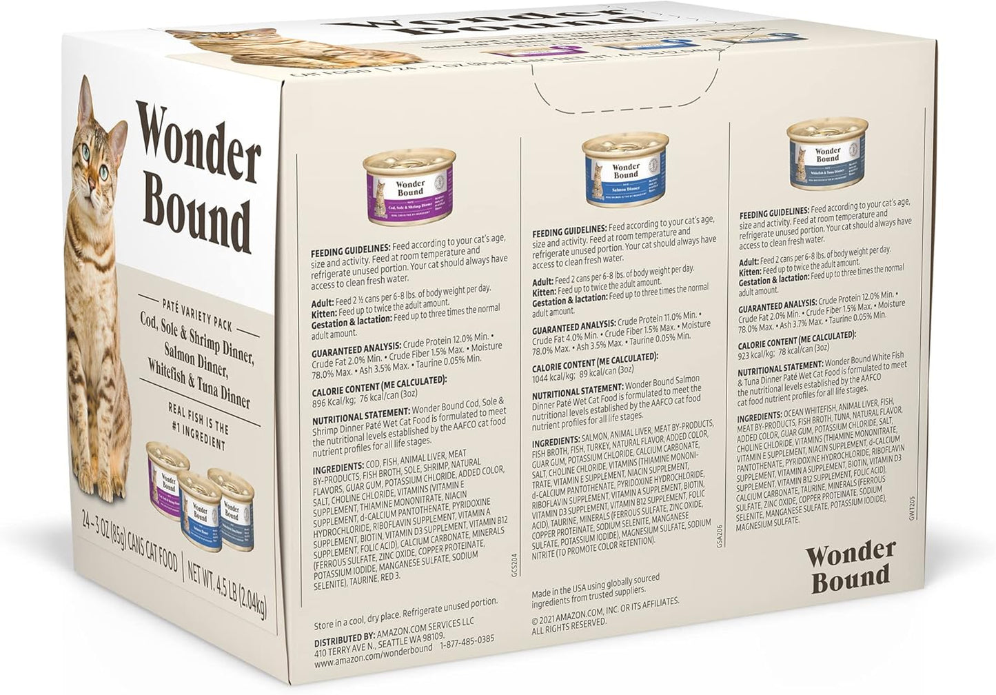 Amazon Brand - Wonder Bound Wet Cat Food, Pate, No Added Grain, Variety Pack (Cod, Sole & Shrimp, Salmon, White Fish & Tuna), 3 ounce (Pack of 24)