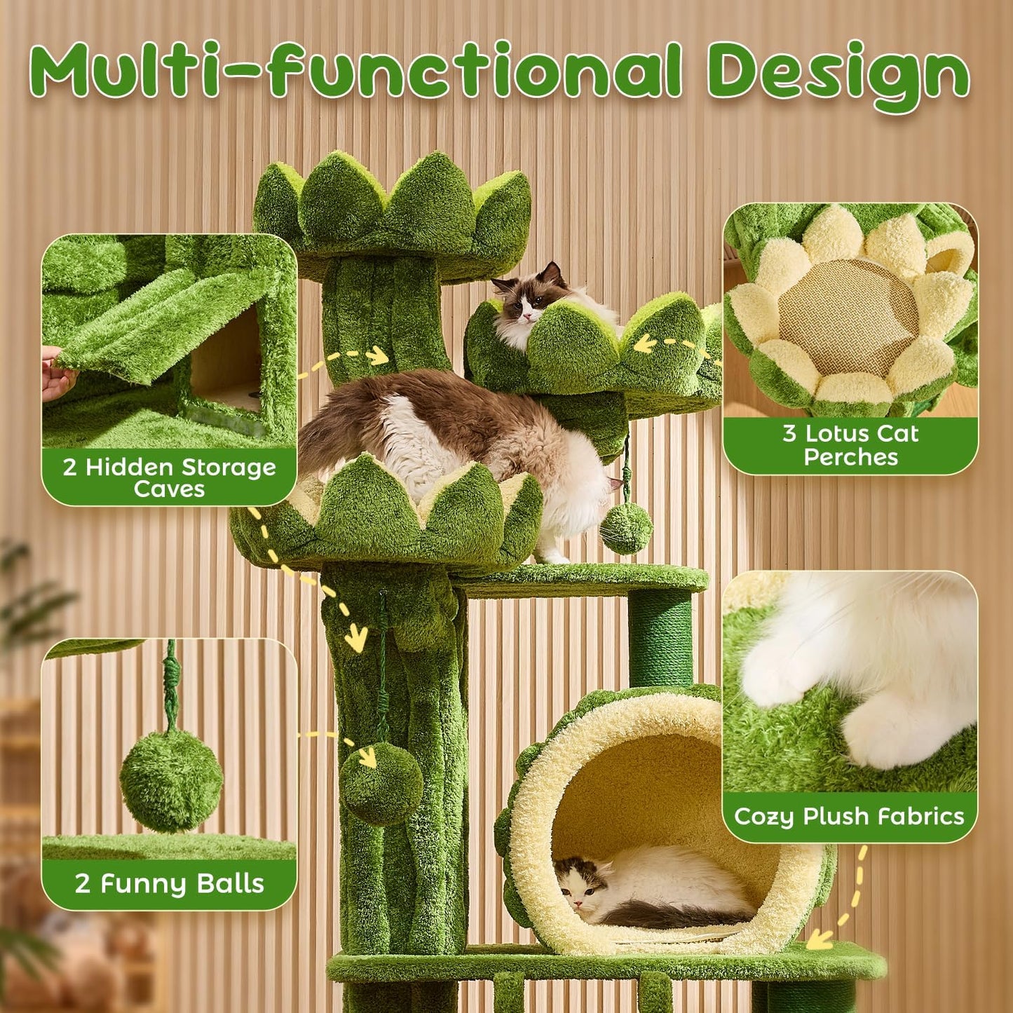 80.3'' Modern Cat Tree, Tall Cat Tower for Indoor Cats Adults, Luxury Climb Tower with Scratching Post, Heavy Duty Cat Condo with Ladder, Toys, Double Sided Mat, Lotus Perch for Multi-Cat Families