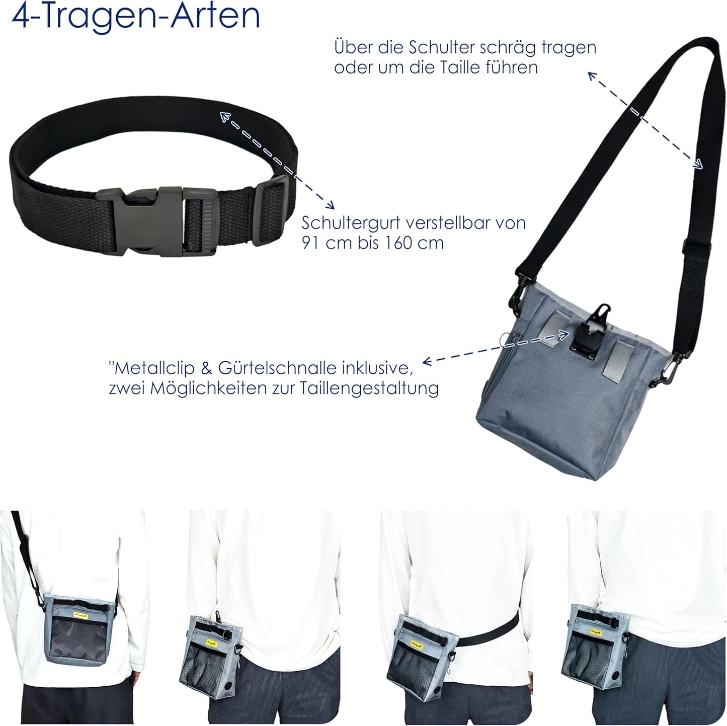 Dog Treat Pouch with Magnetic Closure 4-Cup Silicone Bag Fanny Pack Holder with Clicker 4 Ways to Wear Front Pocket Fits All Phones Ideal for Leash, Pet Walking and Training（Gray）