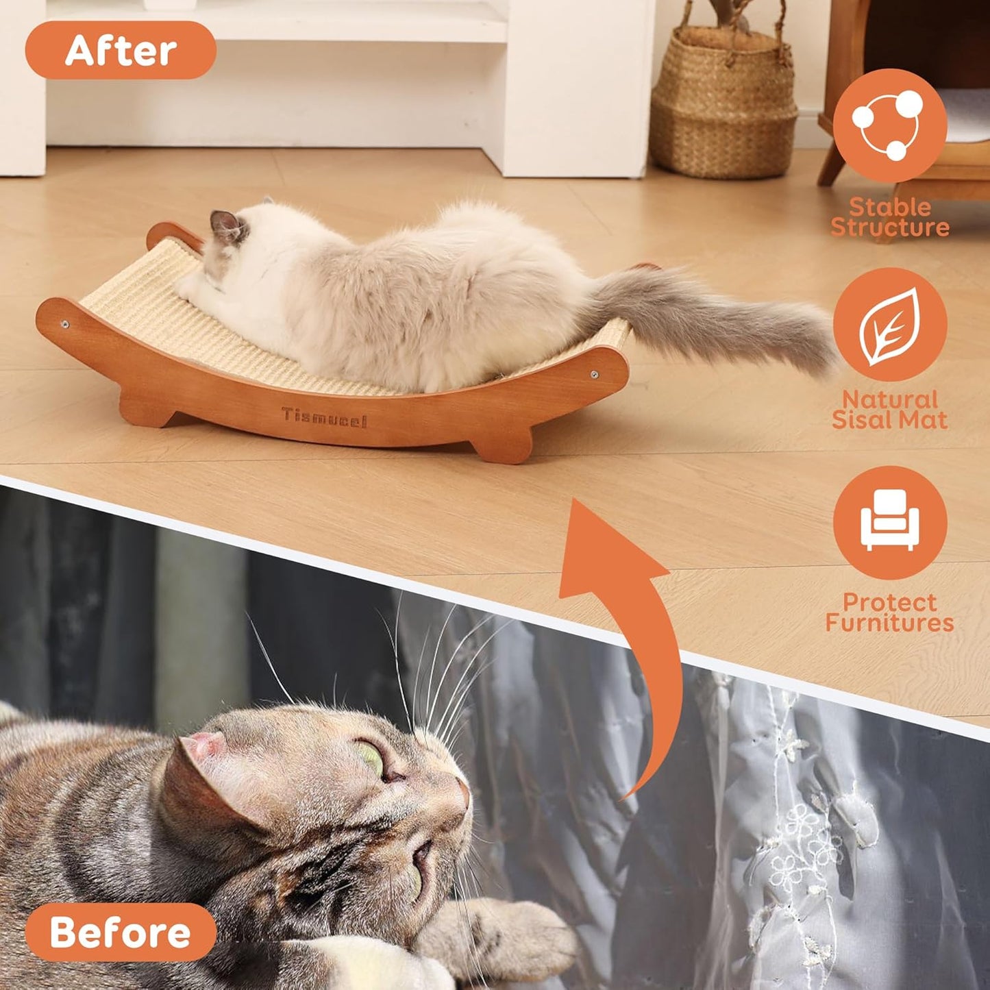 Sisal Cat Scratcher Bed, Beech Wood Cats Hammock,Cat Scratch Pad Indoor cat Toy,Durable Cat Scratching Post, Furniture Protector for Cats' Clawing and Play
