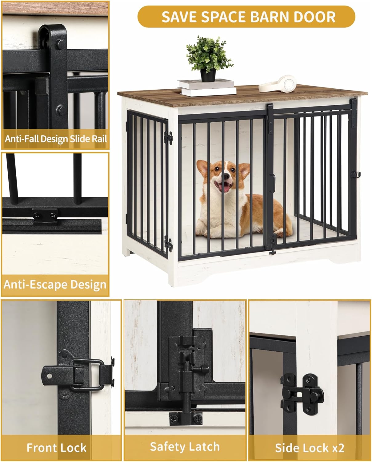 31.9" Dog Crate Furniture with Barn Door, Heavy Duty Dog Kennel Indoor with 2 Doors, Wooden Pet Cage End Table for Small Medium Dogs up to 44 lb, Anti-Chew Anti-Escape, White Brown DFC83614B