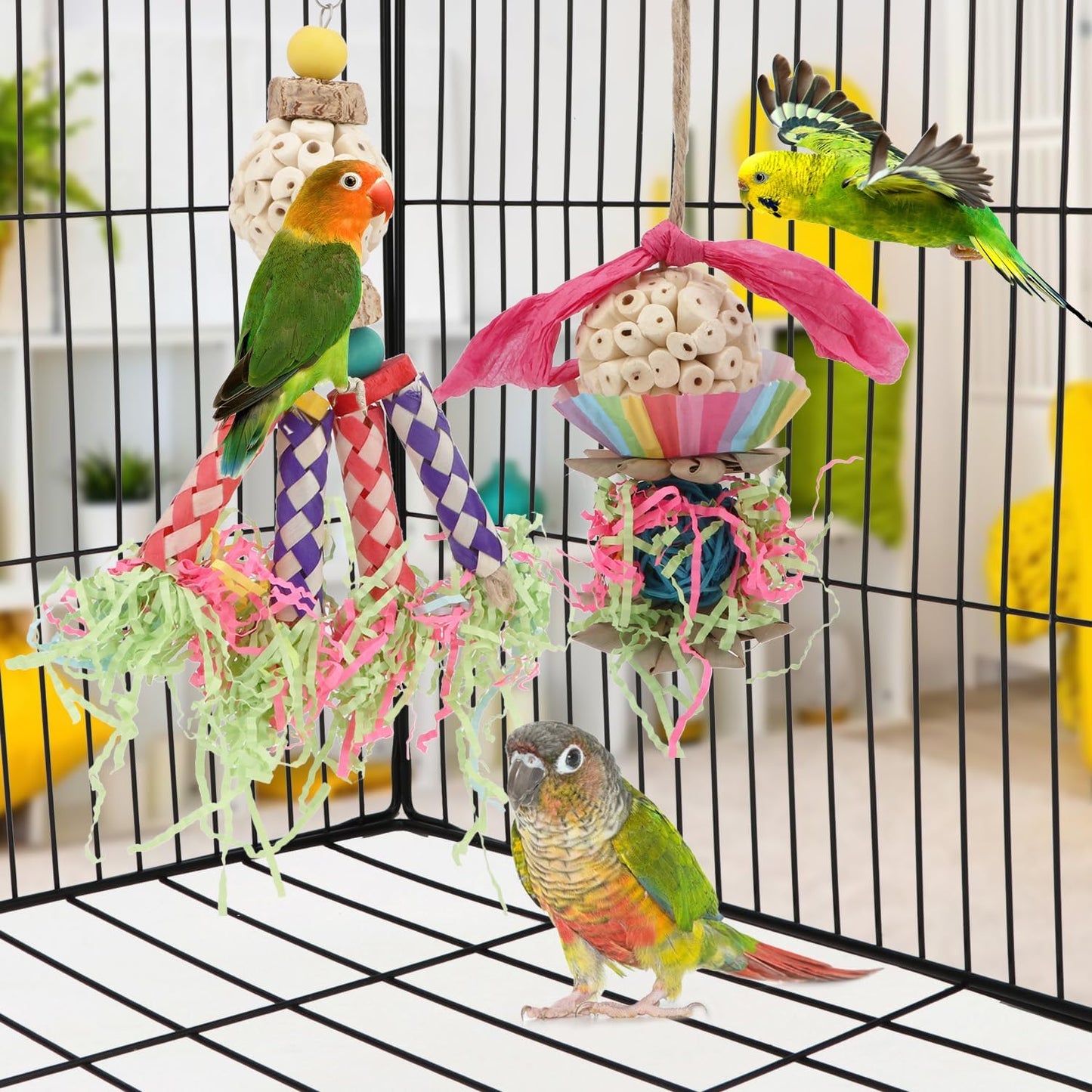 Wontee Bird Toys Colorful Shredding Crinkles Foraging Toys Natural Sola Ball for Parrots Cockatiels Conures Parakeets Budgies Senegal (Sola Ball (2 Pack))