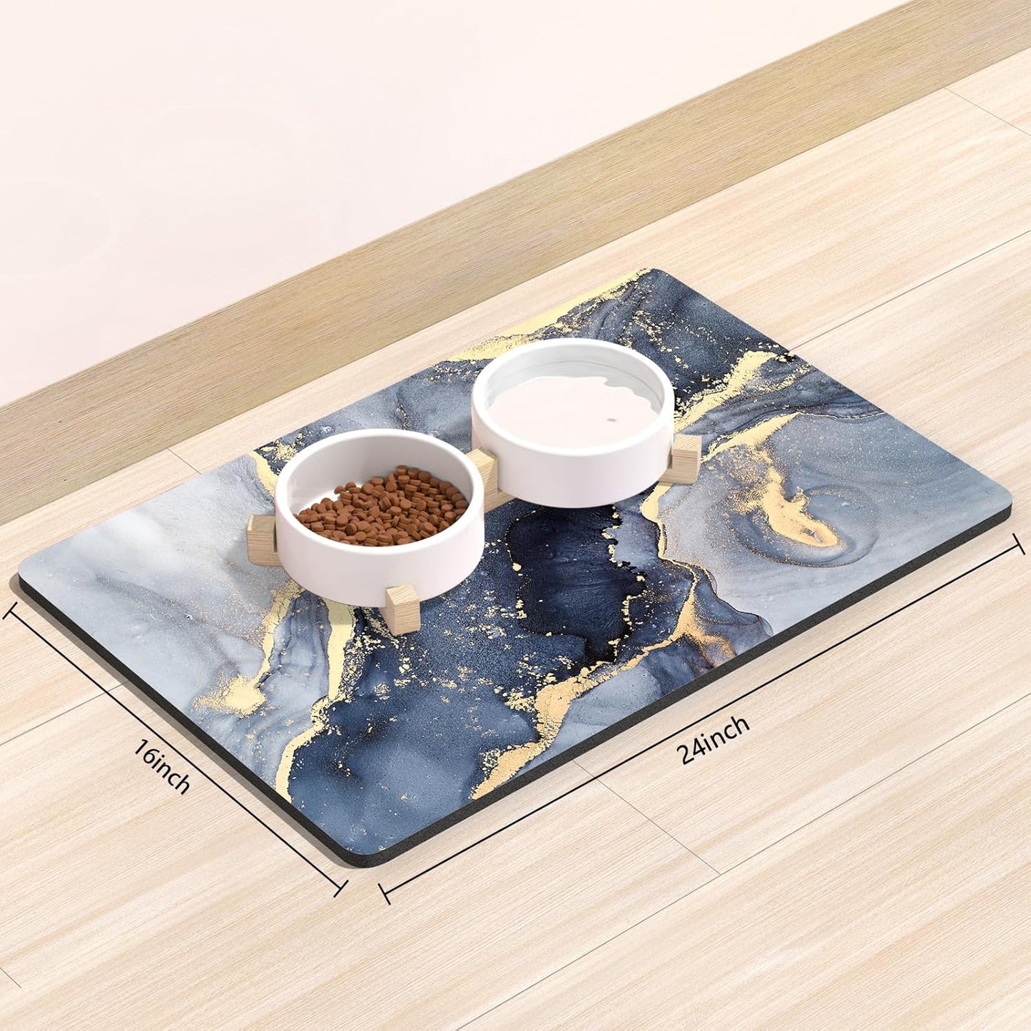 Rnivvi Dog Food Mat, 16" x 24" Marble Absorbent Dog Cat Bowl Mat for Food and Water, Cute Anti-Slip Rubber Pet Feeding Rug Protect Floors, Puppy Placemat for Feeding & Watering Supplies, Grey