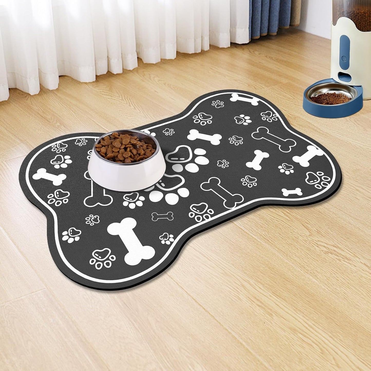 Dog Cat Food Mat,Rapid AbsorbentPet Feeding Mat, Bone Shaped Dog Placemat Water Bowl Mat with Rubber Backing,No Stains Dog Cat Food Mats Indoor, Pet Accessories Supplies 12""x18"" Black