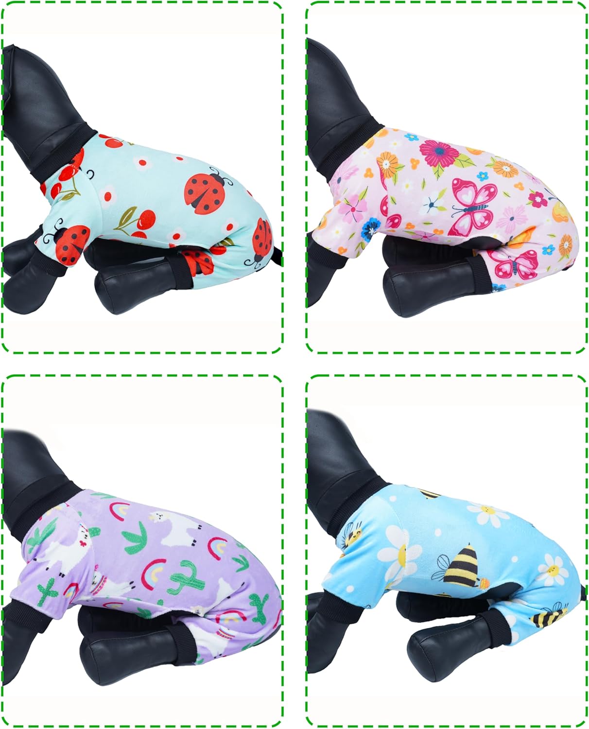 PET SHOW 4 Pack Small Dog Pajamas Spring Dog Clothes Doggies Soft Stretchy PJs Bee Ladybug Jumpsuit Puppy Cats Girl Boy Floral Onesies Outfits with Sleeve Pets Dachshund Costume(XS, Spring)