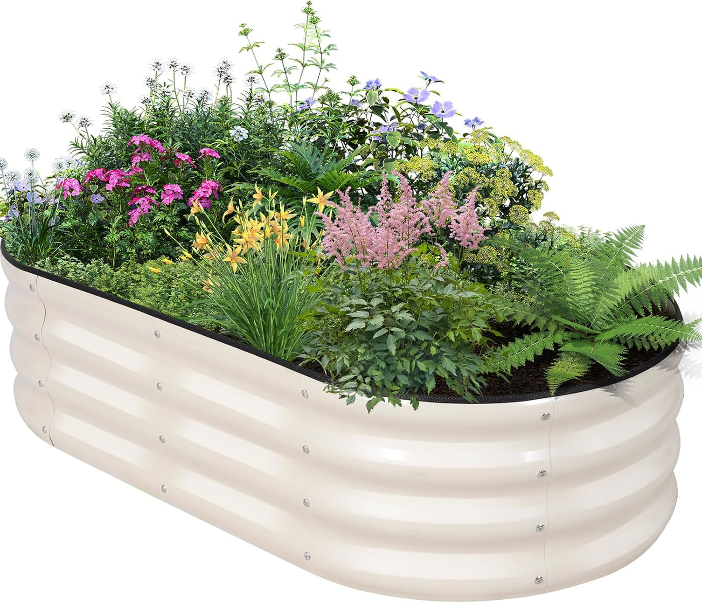 Galvanized Raised Garden Bed Outdoor - 4×2×1ft Planter Raised Beds for Gardening | Oval Metal Garden Planter Box with Safety Edging and Gloves for Vegetables Fruits and Flowers - White