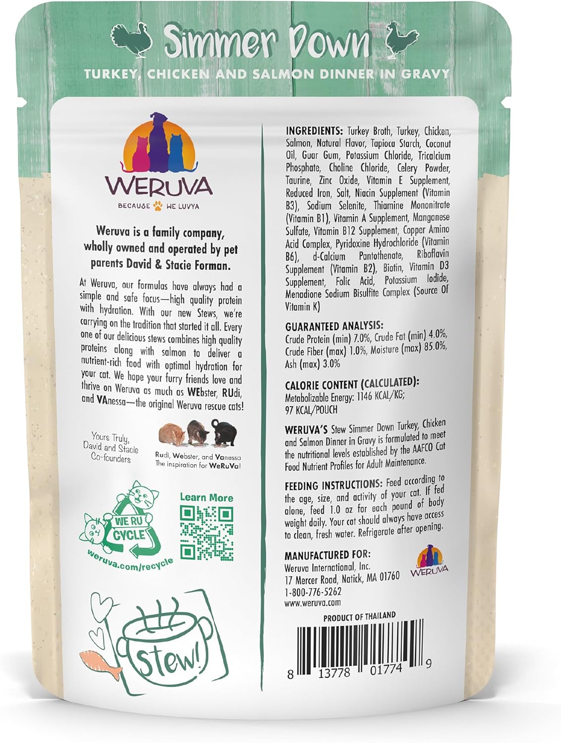 Weruva Classic Cat Stews!, Simmer Down with Turkey, Chicken & Salmon in Gravy, 3oz Pouch (Pack of 12)