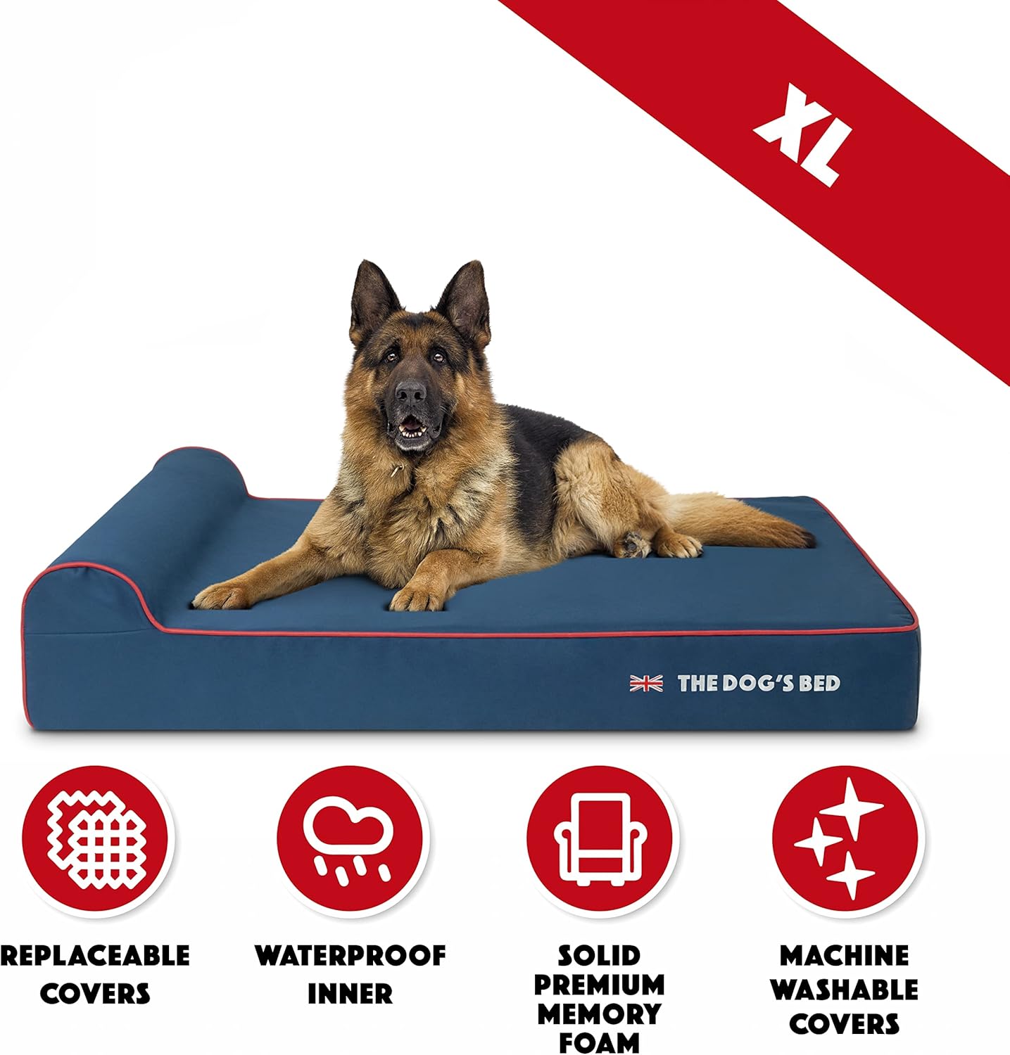 The Dog’s Bed Orthopedic Headrest Dog Bed XL Blue Oxford with Red Trim UK Flag Dog Bed 46x28, Memory Foam, Hip & Elbow Dysplasia, Post Surgery, Veterinary Approved, Waterproof Washable Cover