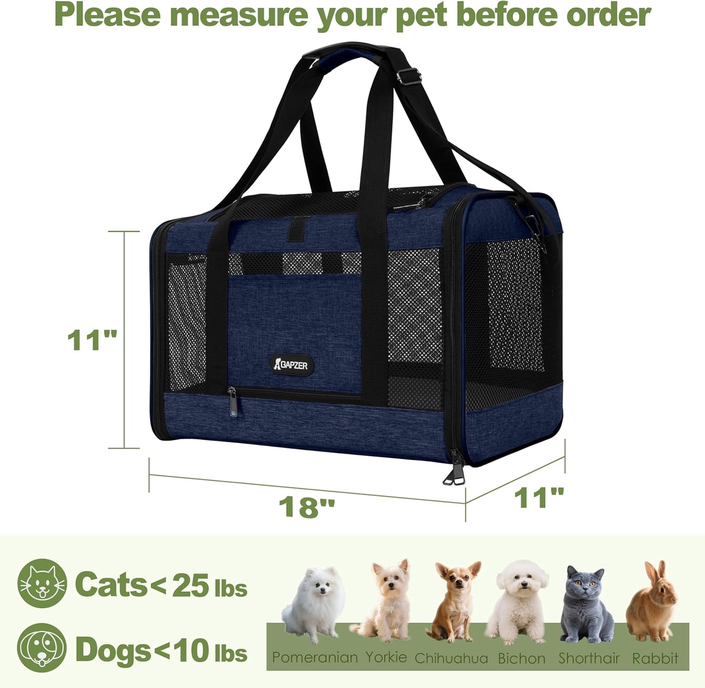 Cat Carrier 18x11x11 United Airline Approved, Top Loader Heavy Duty Softshell Pet Flying Bag 18lbs, Small Dog Chihuahua Crate 5-10 Pounds, Kitty Transport Kennel, Miniature Poodle Case Navy