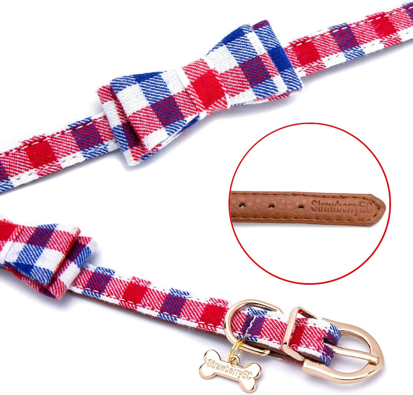 Puppy Collars for Small Dogs - StrawberryEC Adjustable Puppy Id Buckle Collar Leather. Cute Plaid Bowtie Blue Dog Collar (Bow-Blue-Grid)