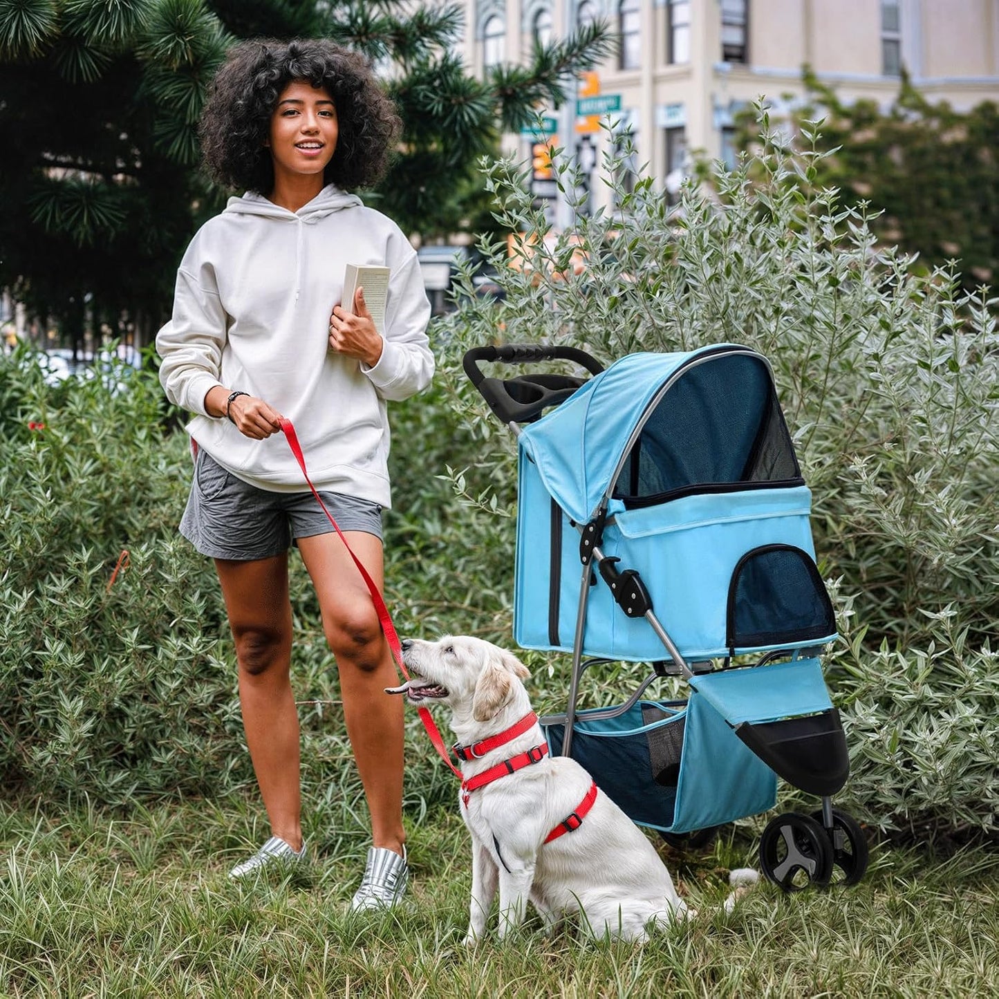 MoNiBloom 3 Wheels Pet Dog Cat Stroller for Small Medium Dogs Cats, Lightweight Foldable Jogger Stroller w/Storage Basket and Cup Holder, Mint Green