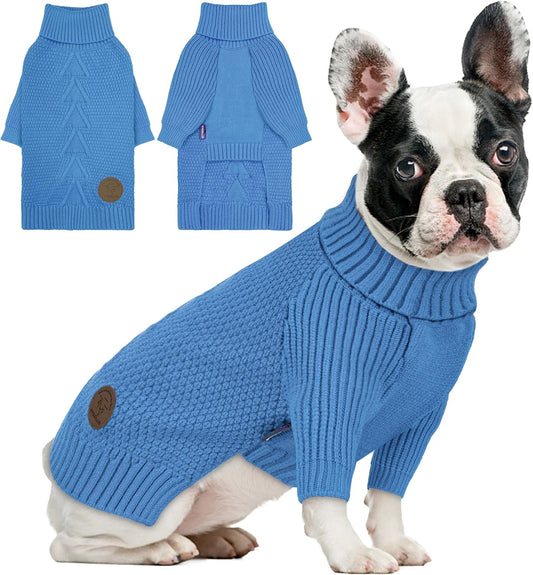 cyeollo Warm Small Dog Sweater, Knit Cold Weather Doggy Sweaters for Small Dogs Boy Pullover Winter Dog Clothes with Turtleneck for Indoor & Outdoor Wear, Blue M