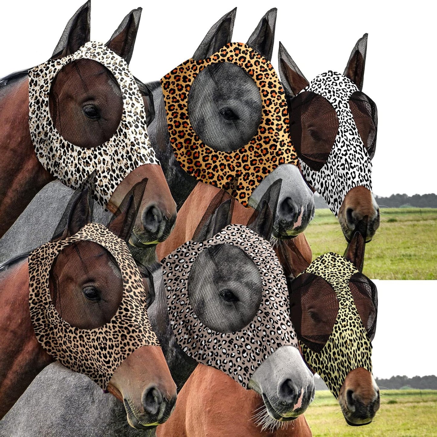Chunful 6 Pcs Horse Fly Masks with Ears Smooth and Comfortable Cashel Mesh Fly Mask Elasticity Breathability UV Protection Horse Face Covering for Riding Supplies(Leopard,Large)