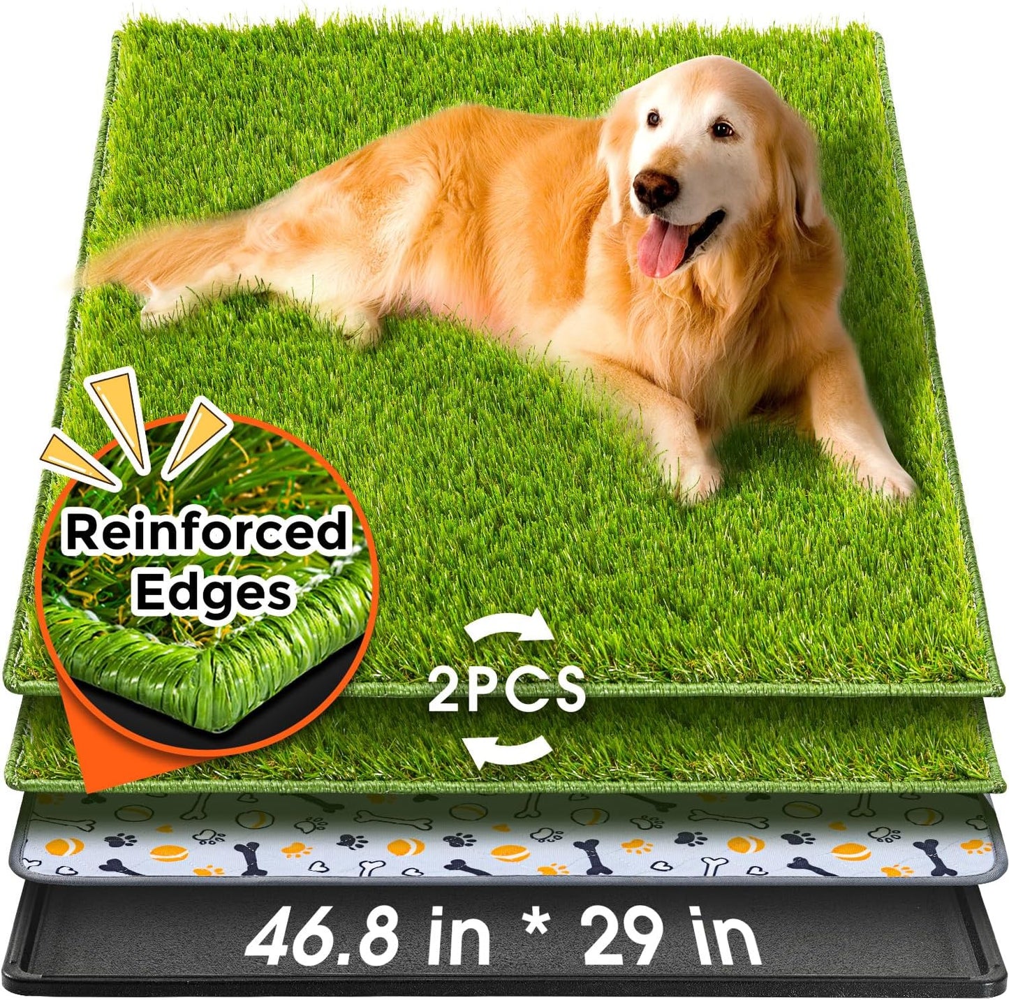 Hompet Dog Grass Pad with Tray Large, 46.8"x29", 2 Reusable Artificial Turf for Dogs Potty, Waterproof Non-Slip Washable Pee Pads, Quickly Absorbency Portable Dog Litter Box for Indoor/Outdoor Use