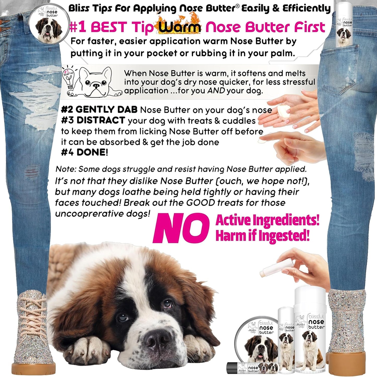 The Blissful Dog Saint Bernard Nose Butter for Dry, Cracked Skin, Lick-Safe Dog Nose Balm with Moisturizing Shea Butter, Almond, Olive, and Essential Oils, Pet Supplies, Uncented, 0.15 oz.