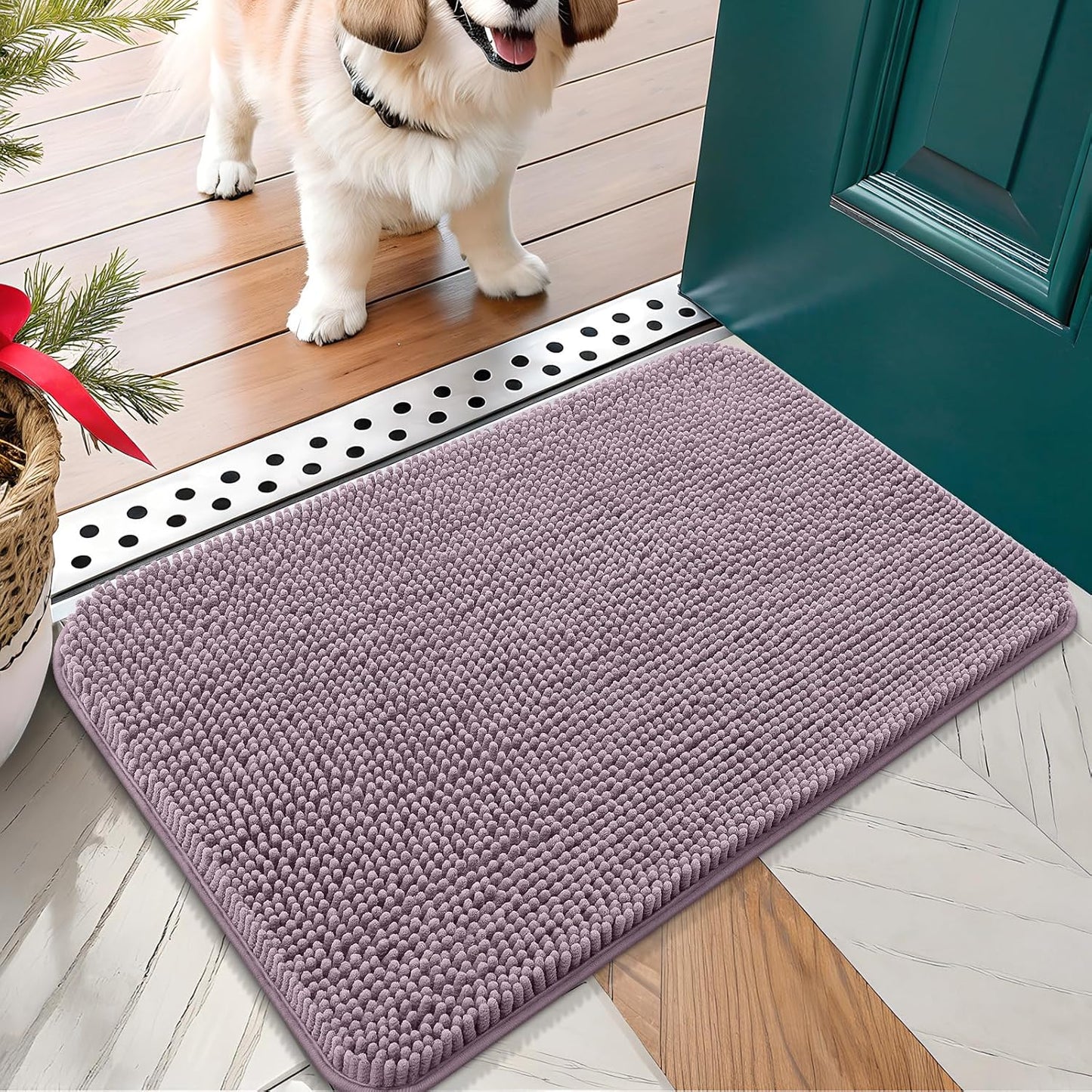 OLANLY Dog Door Mat for Muddy Paws 24x16, Absorbs Moisture and Dirt, Absorbent Non-Slip Washable Doormat, Quick Dry Chenille Mud Mat for Dogs, Entry Indoor Entryway Carpet for Inside Floor, Deep Plum