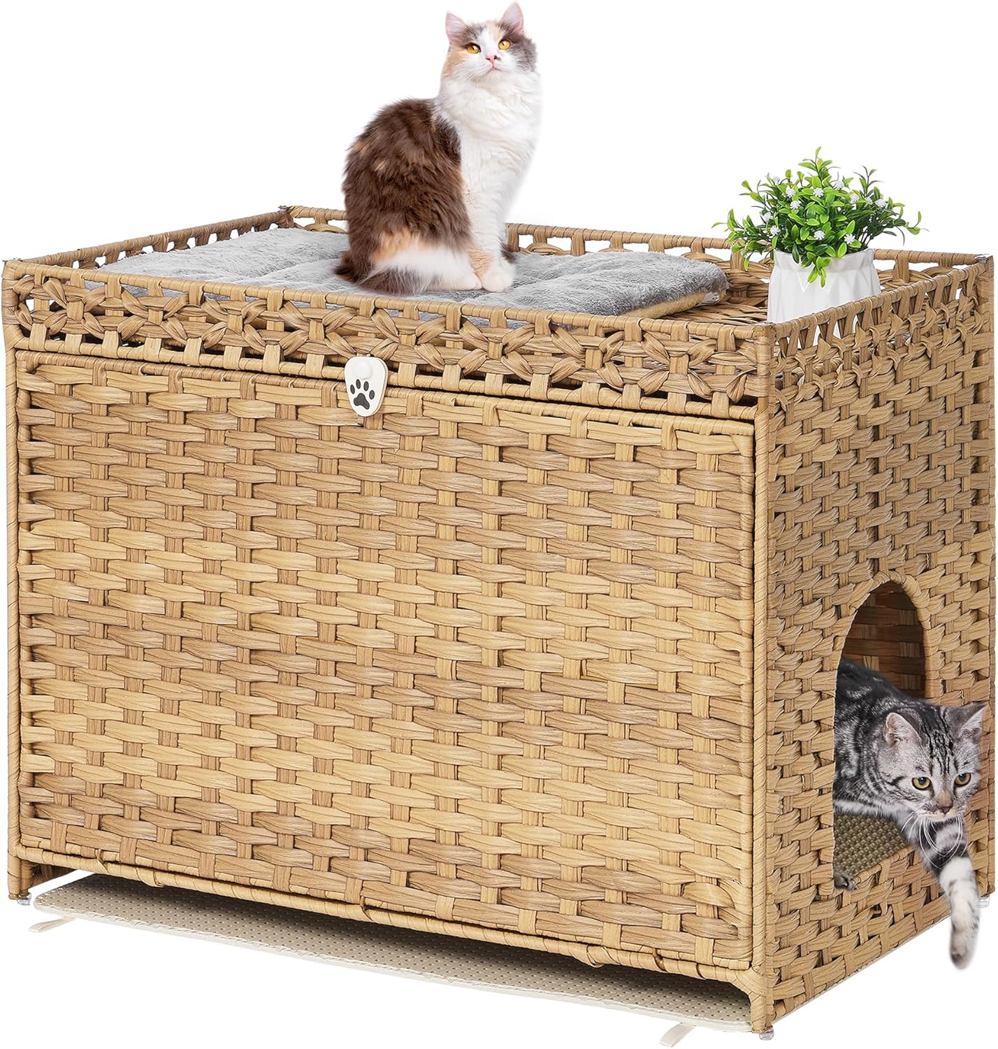 Cat Litter Box Enclosure with Soft Litter Mat; Hidden Cat Washroom Furniture with Door; Handwoven Rattan Kitten House with Large Space; Pet Crate for Living Room, Bedroom, Balcony (Natural)