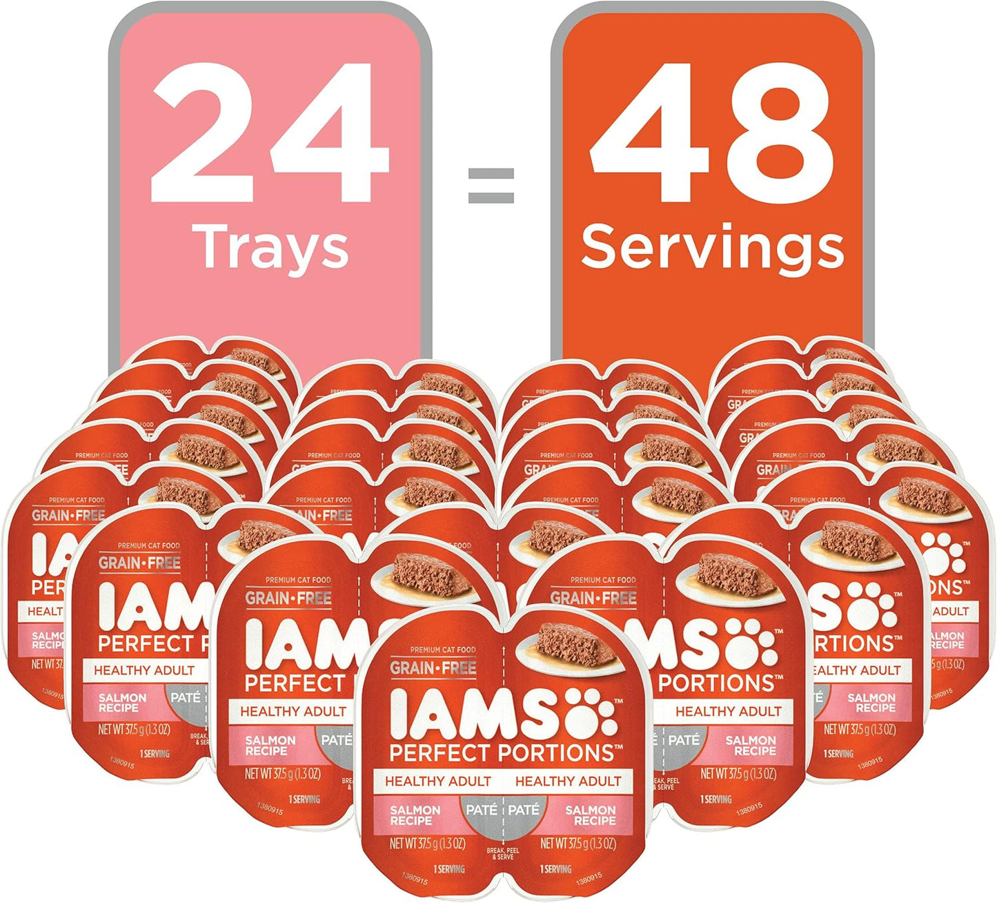 IAMS Perfect Portions Healthy Adult Grain Free Wet Cat Food Pate, Salmon Recipe, 2.6 oz. Easy Peel Twin-Pack Trays (24 Count, 48 Servings)