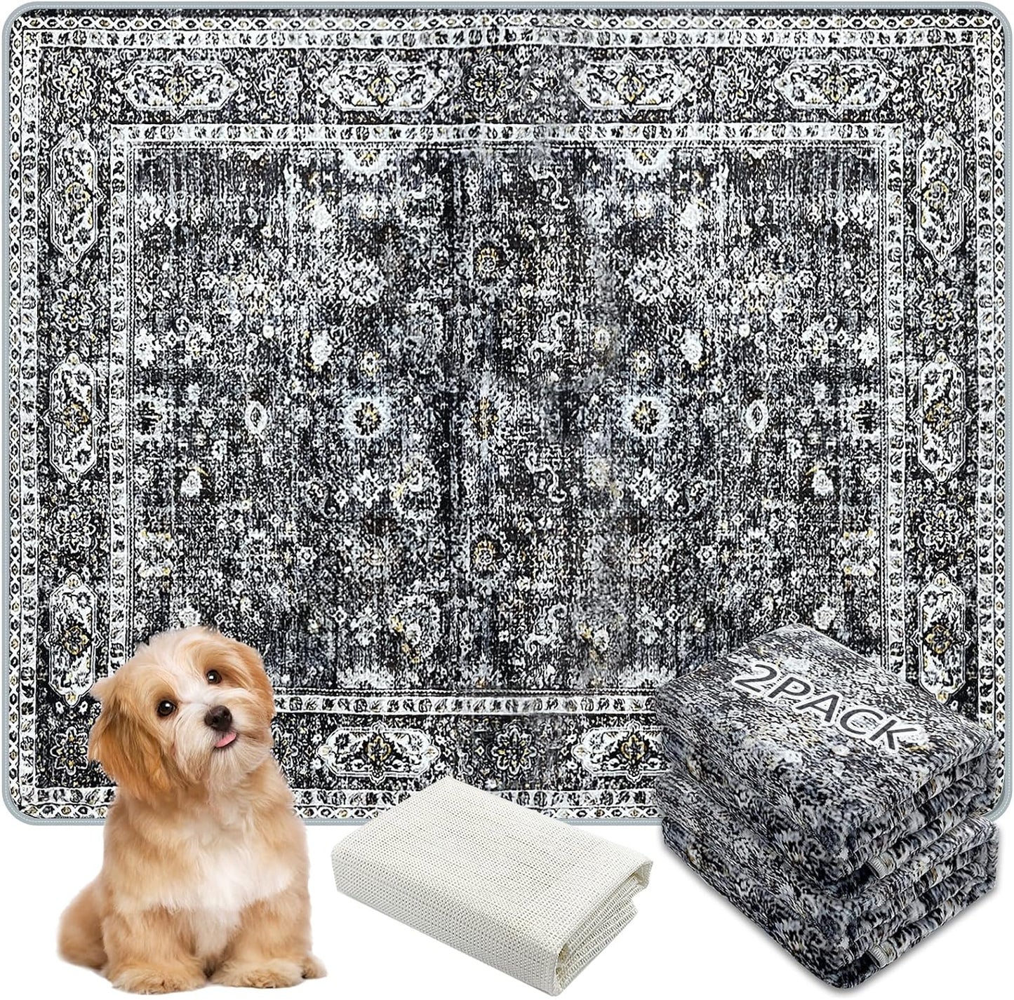 Washable Pee Pads for Dogs, (2 Pack, 36"x42") Upgrade Reusable Puppy Pads with Non-Slip Rug Pad, Super Thickening Absorbent Leakproof Dog Traning Pads Whelping Pad for Dogs, Doggie(Black)