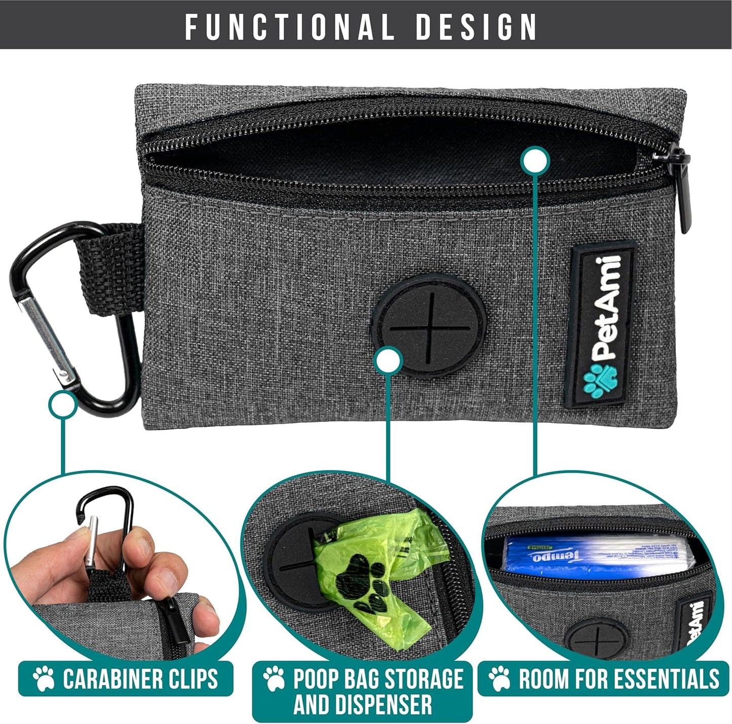 PetAmi Dog Poop Bag Holder for Leash, Dog Waste Bag Dispenser with Clip, Treat Pouch, Walking & Camping Accessory with Trash Bag Roll, Gray 1 Pack