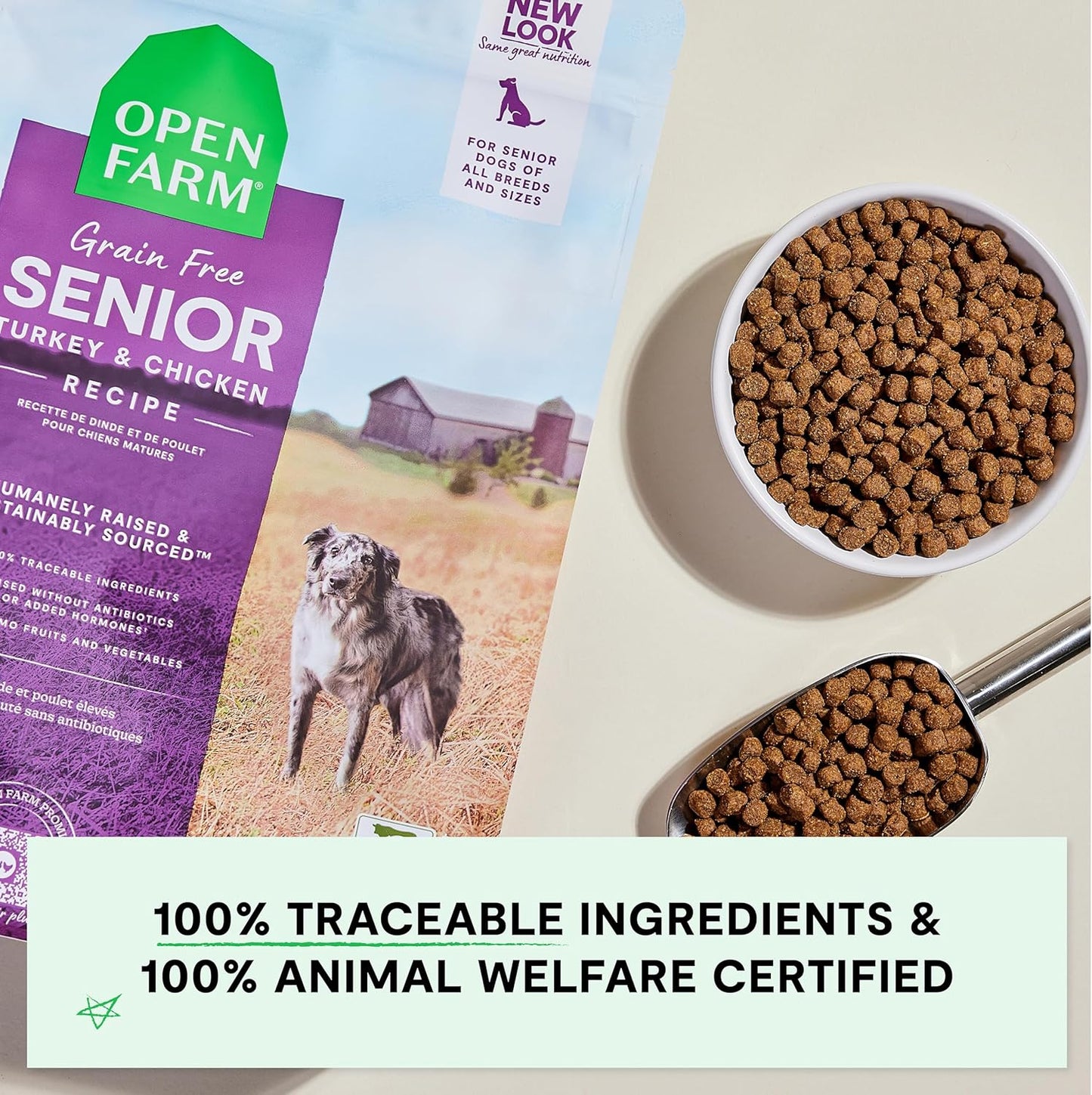 Open Farm, Grain-Free Dry Dog Food for Senior Dogs, Complete & Balanced Kibble to Support Joints & Mobility, Sustainably & Ethically Sourced Ingredients, Chicken & Turkey Recipe for Seniors, 4lb Bag