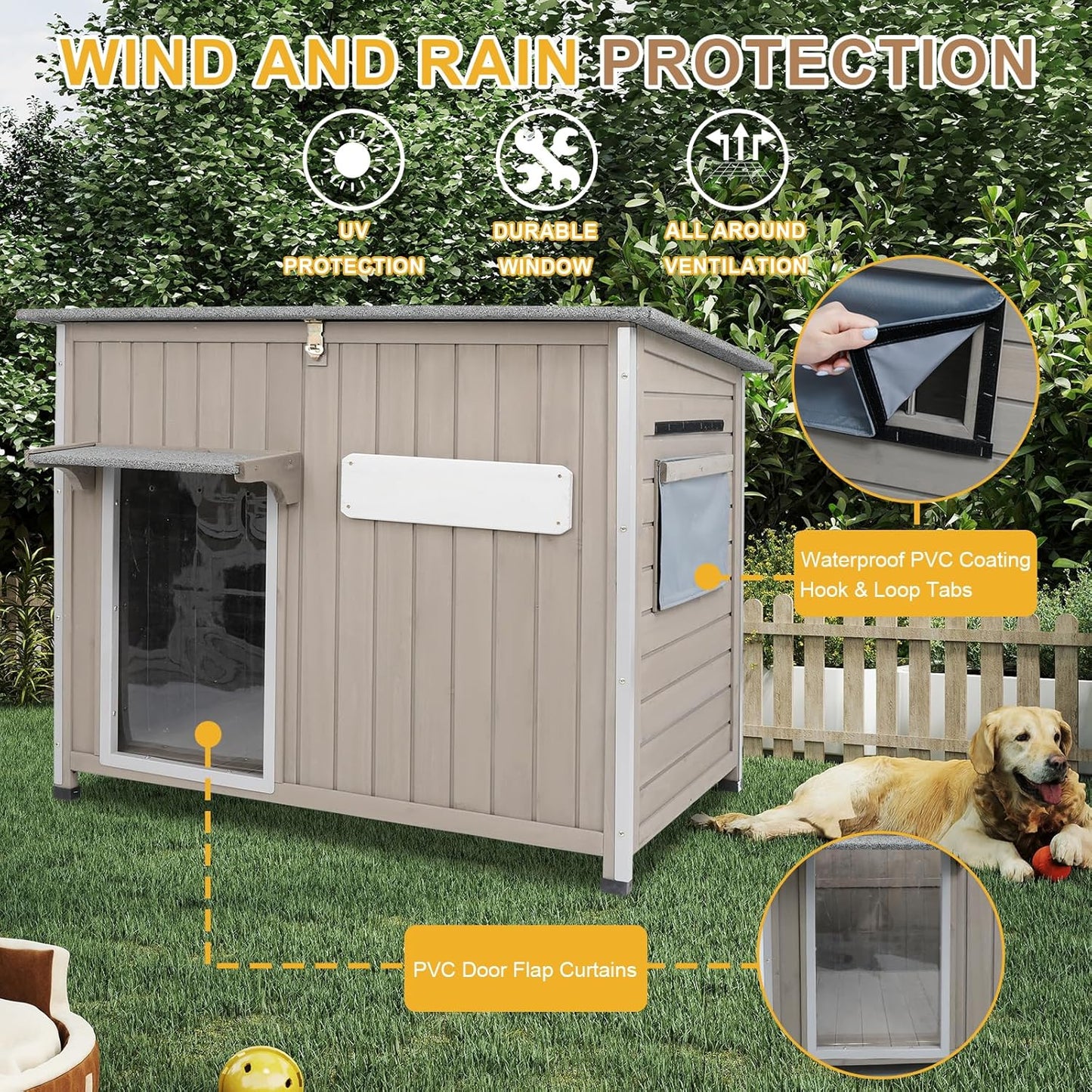 Weatherproof Outdoor Dog House, Wooden Puppy Shelter with Anti-Chewing Iron Frame and Elevated Floor, Sturdy Dog Kennel for Small, Medium & Large Dogs, Grey (Gray, 40" L x 26" W x 31" H)