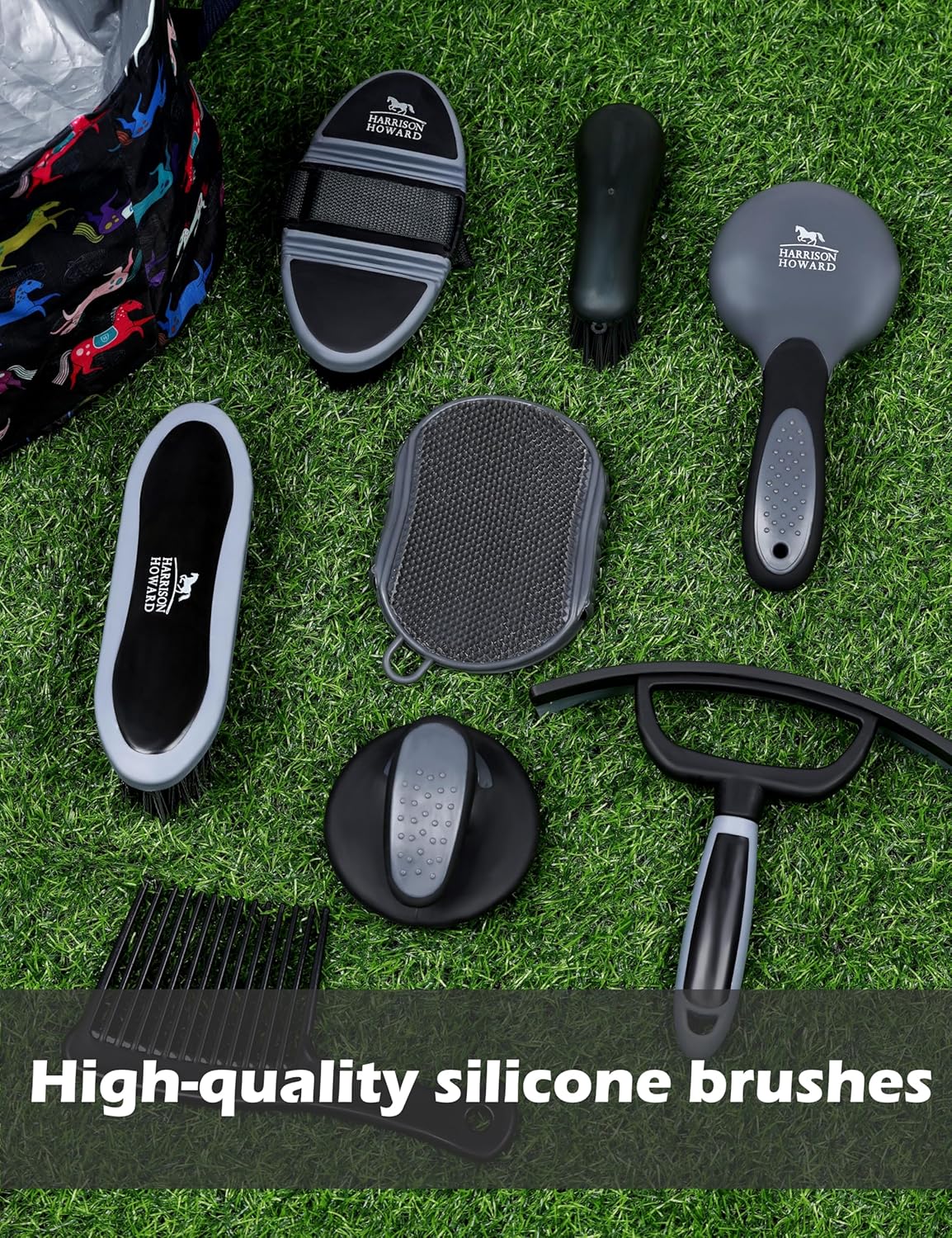 Harrison Howard Horse Grooming Kit 11-Piece Equine Care Series Horse Brush Sets with Organizer Tote Bag Tack Room Supplies Shedding Grooming Massaging Tools Black Brushstroke Ponies