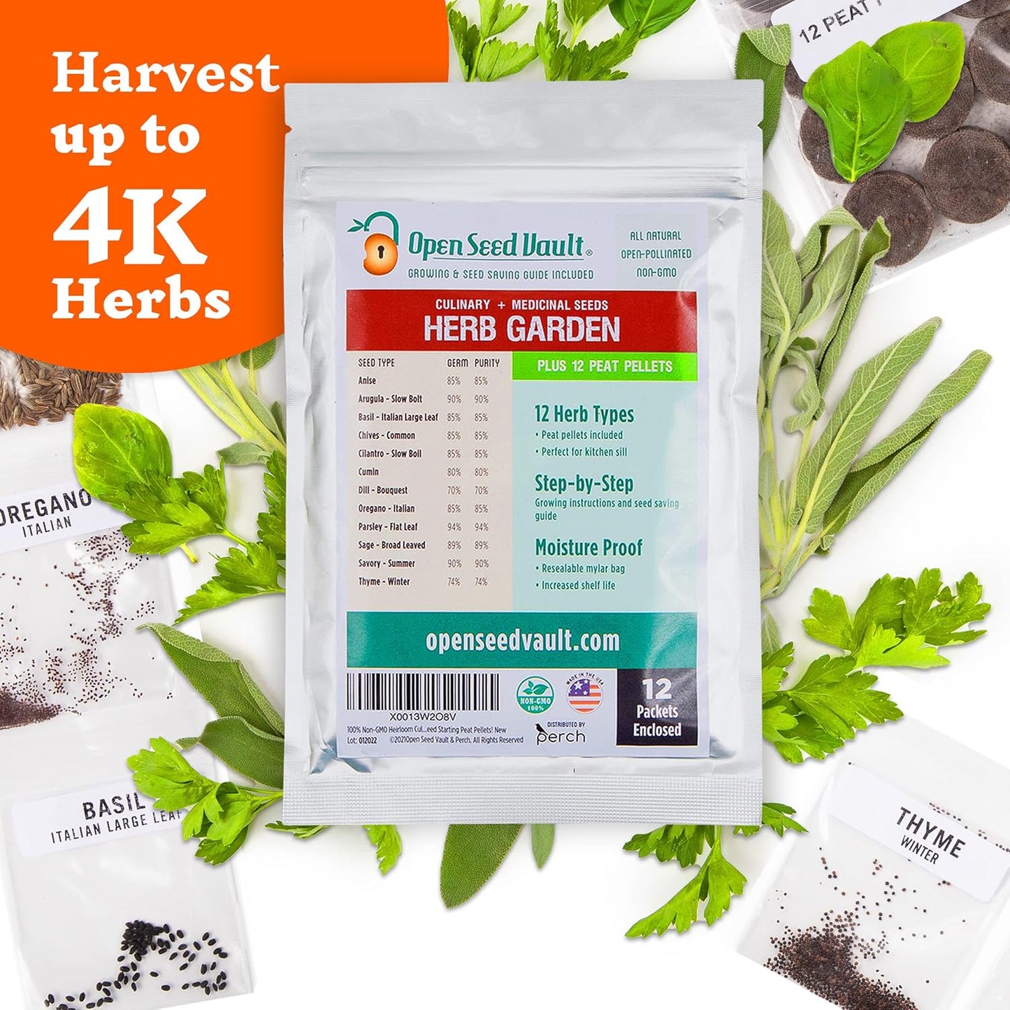 Open Seed Vault 4,000 Non GMO Heirloom Vegetable Seeds for Planting Vegetables and Fruits - 12 Variety Pack of Herb Seeds for Planting Outdoors - Gardening Supplies, Survival Gear, Prepper Kits