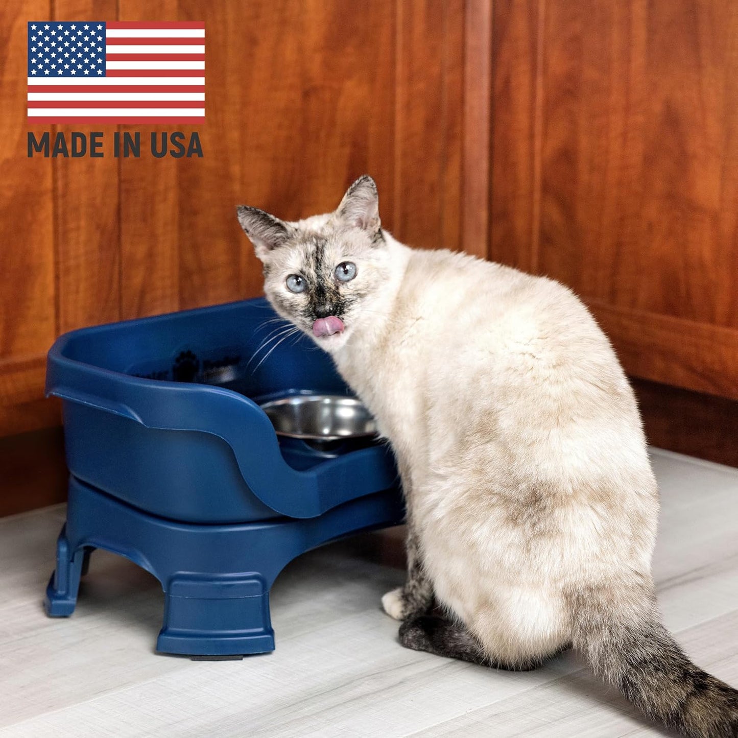 Neater Feeder Deluxe Mess Proof Cat Bowls Elevated for All Breeds – Made in USA – No Spill Raised Cat Bowls for Indoor Cats w/Leg Extensions – Stainless Steel Cat Food and Water Bowl Set - Dark Blue