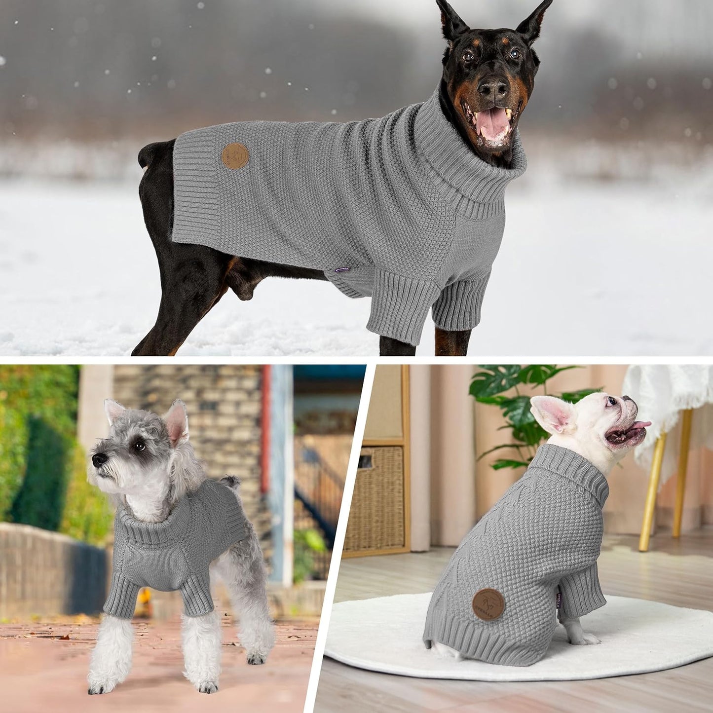 cyeollo Dog Sweaters Turtleneck Knitted Sweater with Leash Hole Winter Pet Clothes Dog Sweaters for Small Dogs, Grey M