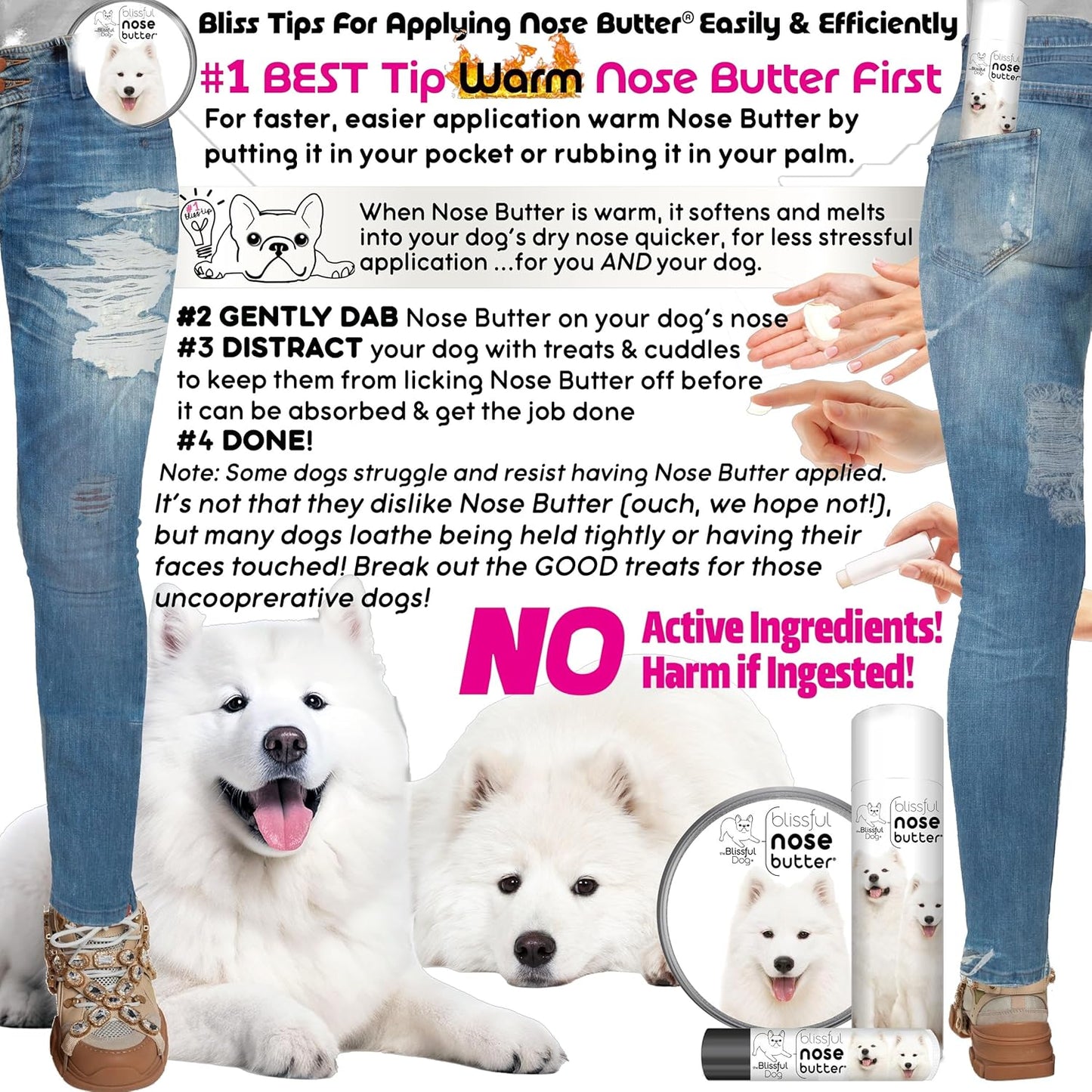 The Blissful Dog Samoyed Nose Butter for Dry, Cracked Skin, Lick-Safe Dog Nose Balm with Moisturizing Shea Butter, Almond, Olive, and Essential Oils, Pet Supplies, Uncented, 1 oz.