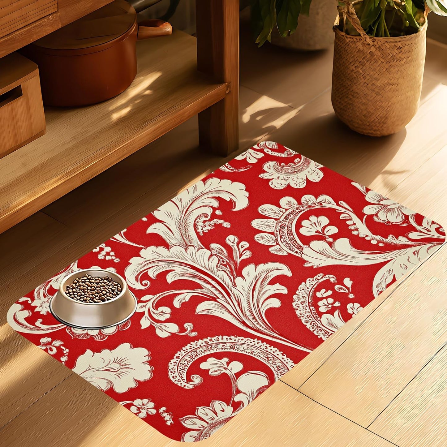 Red White Paisley Dog Food Mat-Absorbent Pet Feeding Mat for Food and Water Bowl, Quick Dry Dog Placemat with Rubber Backing-No Stains Pet Supplies for Messy Drinkers 16"x24"