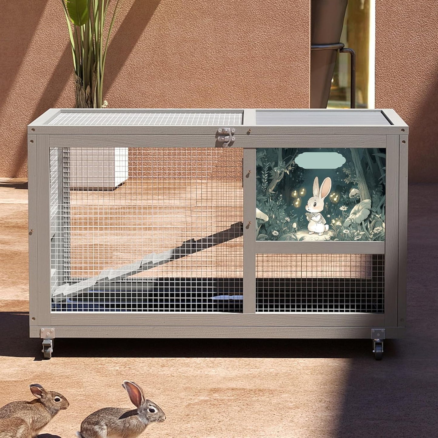 COZIWOW Fashionable Wood 36In Rabbit Hutch Indoor on Wheels Bunny Cage Outdoor Rabbit Cage with Clean Tray, Openable Roof, Anti-Slip Ramp for Small Bunny Rabbit (Grey with Pattern)