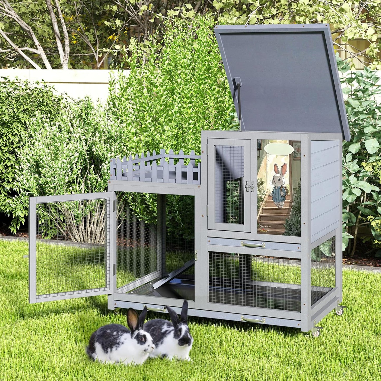COZIWOW Double Layers Durable 38In Rabbit Hutch Indoor on Wheels, Small Animal Houses Habitat, Rolling Large Bunny Cage Outdoor with Removable Tray, Ramp, Two Story Bunny Cage（Grey with Pattern）