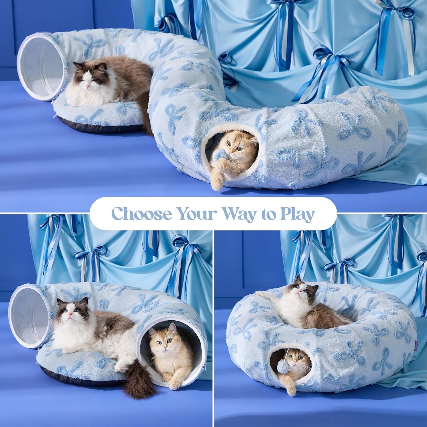 Lesure Cat Tunnel Bed for Indoor Cats - Cute Cat Donut Tunnel Toys with Washable Circle Cushion, Round Pet Peekaboo Cave Toy for Kitten/Puppy/Rabbit, Standard Ice Blue
