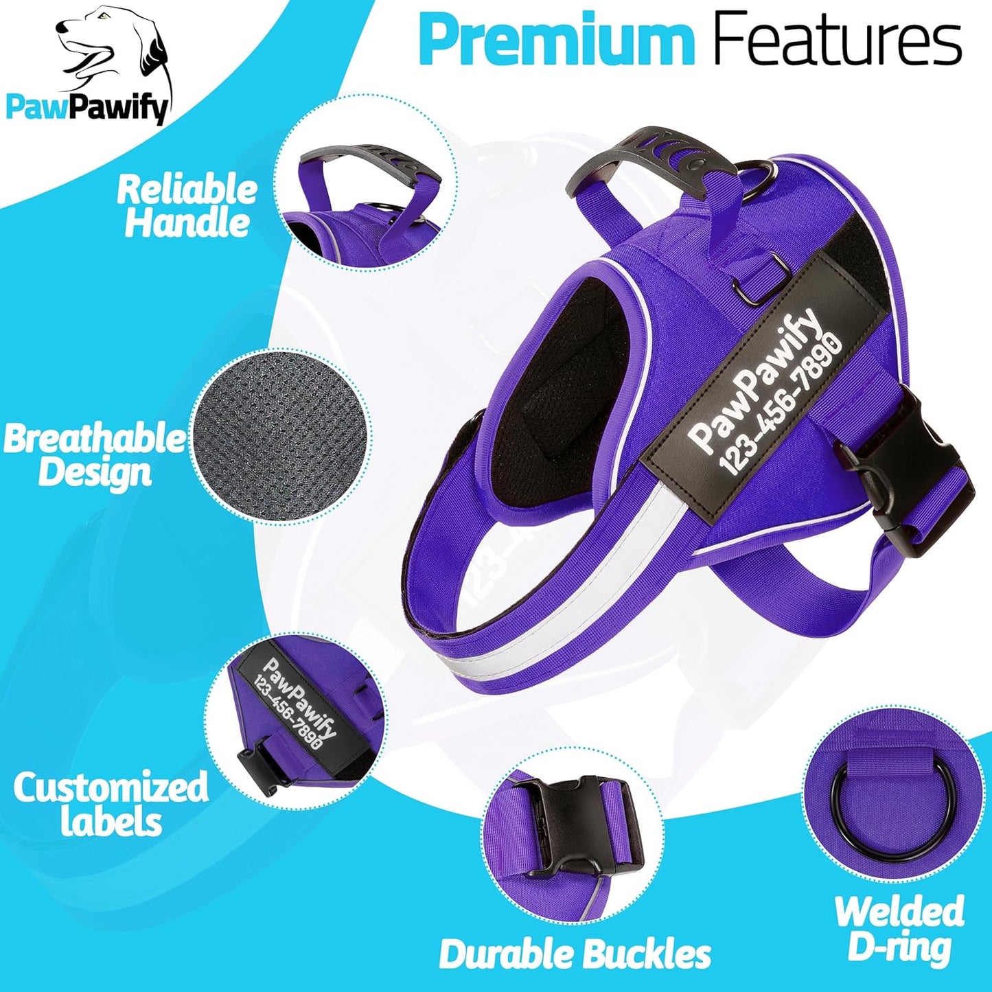 PawPawify Custom No Pull Dog Harness with Name and Phone Number, Heavy Duty Personalized Pet Vest to Prevent Tugging, Pulling, or Choking, Training and Walking (New Purple, XXL (85-140 LBS))