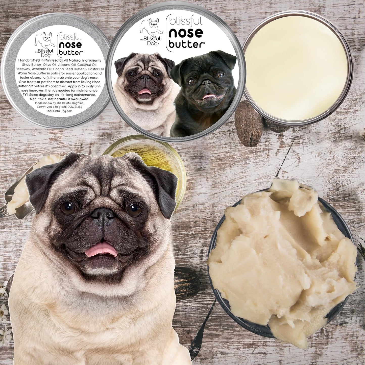 The Blissful Dog Pug Duo Nose Butter for Dry, Cracked Skin, Lick-Safe Dog Nose Balm with Moisturizing Shea Butter, Almond, Olive, and Essential Oils, Pet Supplies, Uncented, 8 oz.