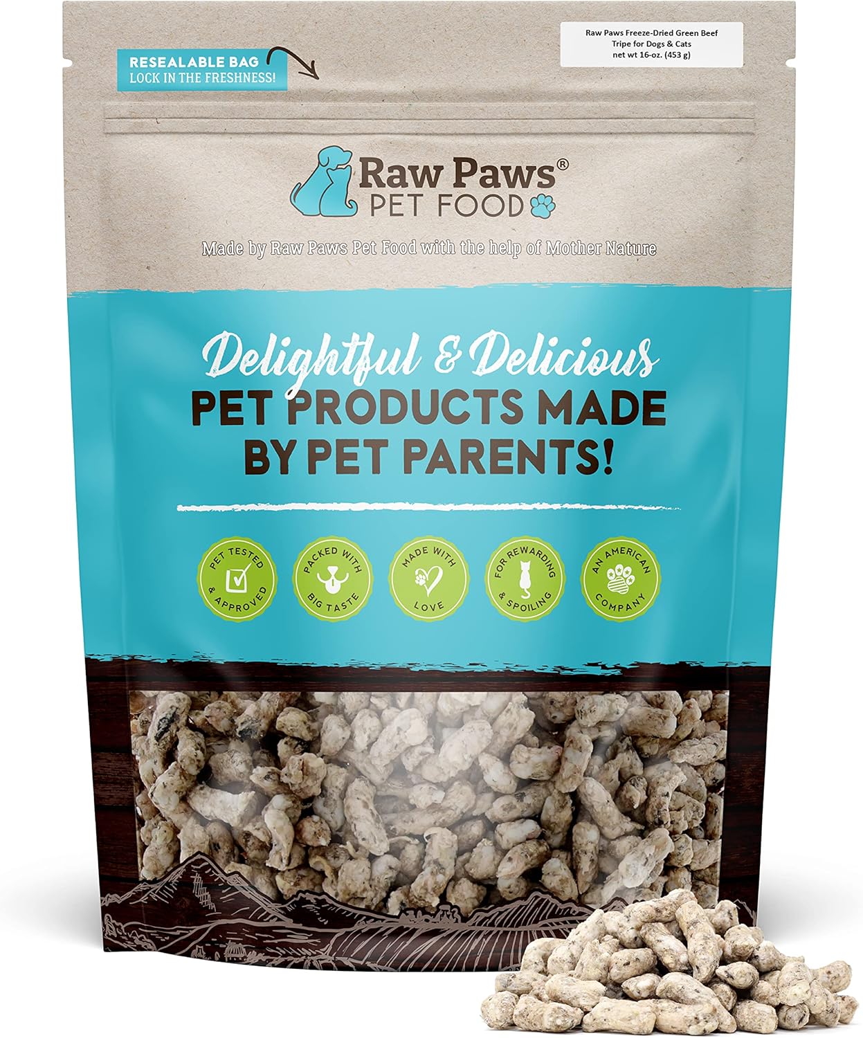 Raw Paws Freeze-Dried Green Beef Tripe for Dogs & Cats (16-Ounce) - Made in USA - Green Beef Tripe Dog Food - Raw Freeze Dried Green Tripe